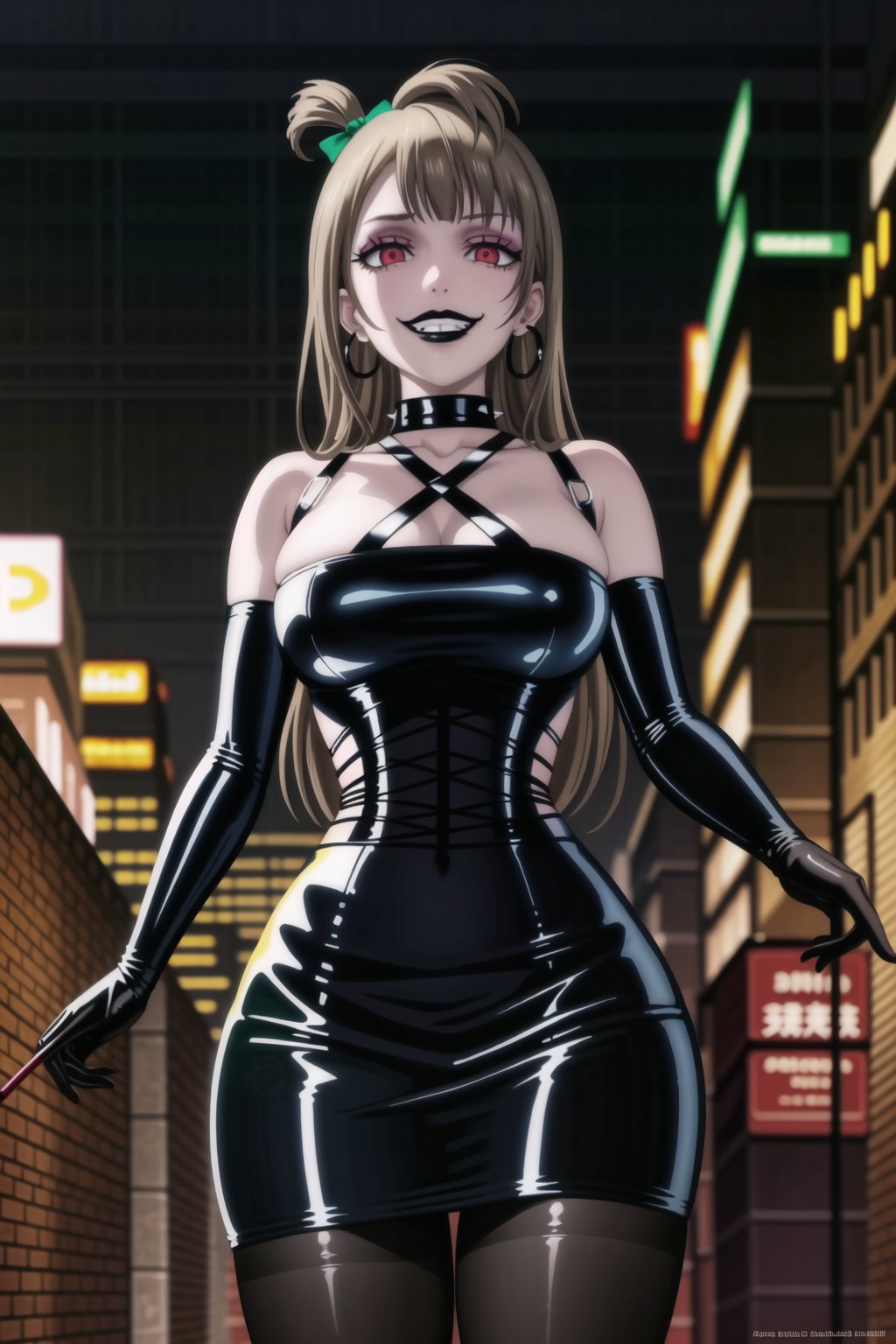 ((best quality)),  ((highly detailed)),  masterpiece,(Black lips:1.4), (white skin:1.4), ((official art)),  detailed face,  beautiful face, (cross-laced clothes:1.3), narrow_waist:1.3, dominatrix:1.4 , (intricate Black dress:1.4), (detailed eyes,  deep eyes),science fiction, cyberpunk:1.3, street, shopping, pose:1.3, smoke:1.3, holding cigarette:1.3, smoking:1.2,((smirk, grin, naughty face, seductive smile, smug)) ,cowboy shot,(lips), minami kotori, long hair,  bangs, hair bow, green bow, (red eyes:1.3),   (spiked bracelet), corset:1.4, (black hoop earring:1.3), curvaceous, voluptuous body, (makeup:1.5) (lips:1.3), (latex:1.3),  (black tube top:1.2), gloves,(elbow gloves:1.2), skirt, black choker, pencil skirt, pantyhose, miniskirt, (black skirt), black gloves, black legwear, black nails,large breasts:1.2, (intricately detailed, hyperdetailed), blurry background, depth of field, best quality, masterpiece, intricate details, tonemapping, sharp focus, hyper detailed, trending on Artstation, 1 girl, solo, high res, official art,RockOfSuccubus,,kotori minami,minami kotori,,<lora:659111690174031528:1.0>