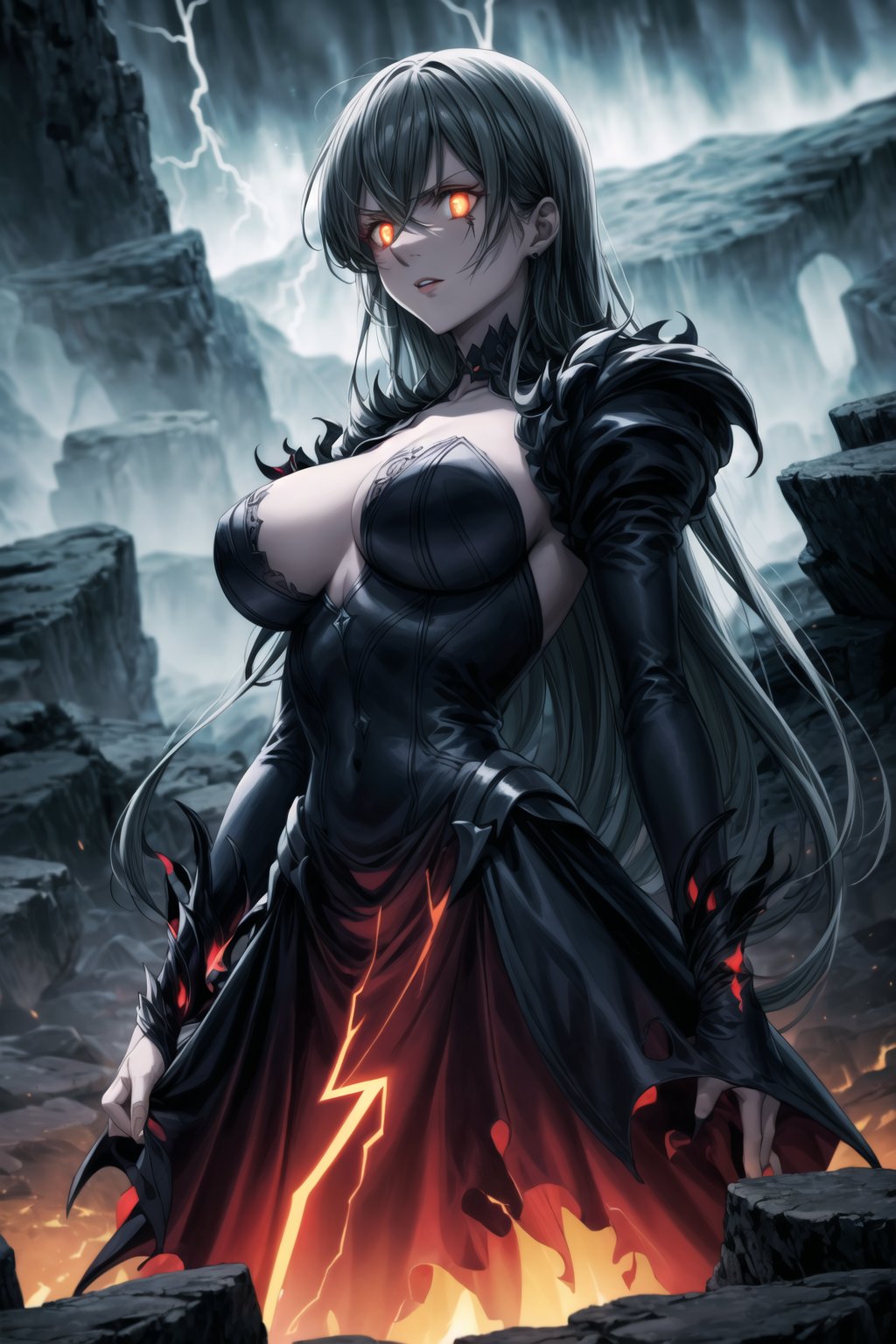 Elizabeth, black hair, lips, ruler of hell, stands as a malevolent dictator, her long hair flowing like darkness itself, gradient from white to dark, framing her cold gaze. Her elaborate gown, adorned with sinister symbols and glowing red accents, reflects her dominance and cruelty. The background features a hellish landscape: rivers of lava, jagged rocks, tormented souls, and dark clouds with lightning. Eerie, red and black glows illuminate the scene, capturing the dark and oppressive atmosphere of her dominion.