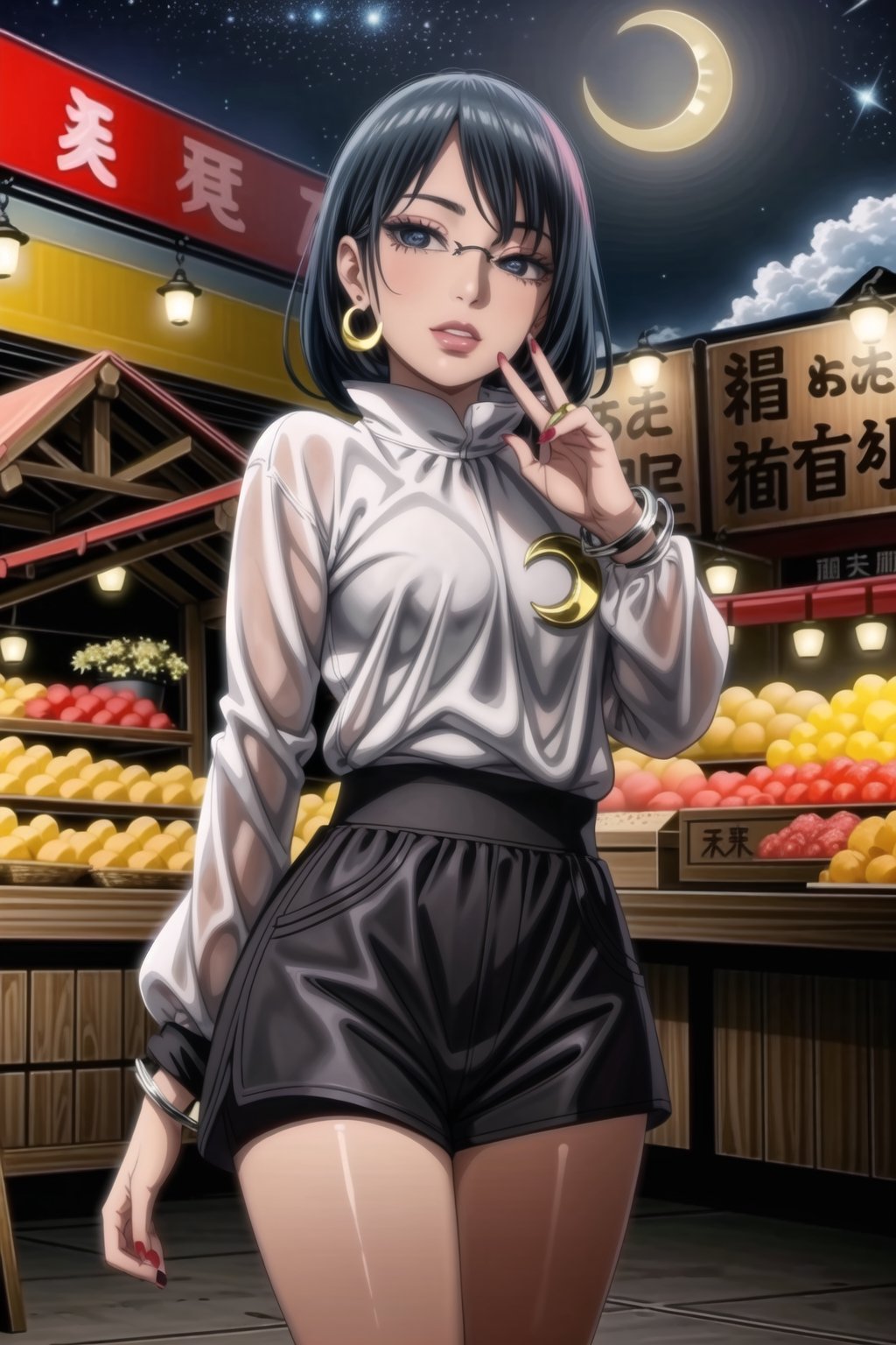 ((best quality)),  ((highly detailed)),  masterpiece,  ((official art)),  detailed face,  beautiful face ,(lips) , (detailed eyes,  deep eyes),(market, outdoor, lamp, chinese market. food, food market, people background, nigth, moon, space, star) ,cowboy shot, ,high society, pose:1.3, seductive smile, ,Saradauchiha,  1 girl,  (12 years old),  black hair,  short hair,  forehead protector,  red-rimmed glasses,  glasses,  (lips),(makeup:1.4), (((((white shirt, long sleeves, jewelry, earrings, shorts, nail polish, bracelet, short shorts, black shorts, crescent))))), curvaceous,  voluptuous body, large breast,  (intricately detailed, hyperdetailed), blurry background, depth of field, best quality, masterpiece, intricate details, tonemapping, sharp focus, hyper detailed, trending on Artstation, 1 girl, solo, high res, official art,<lora:659111690174031528:1.0>