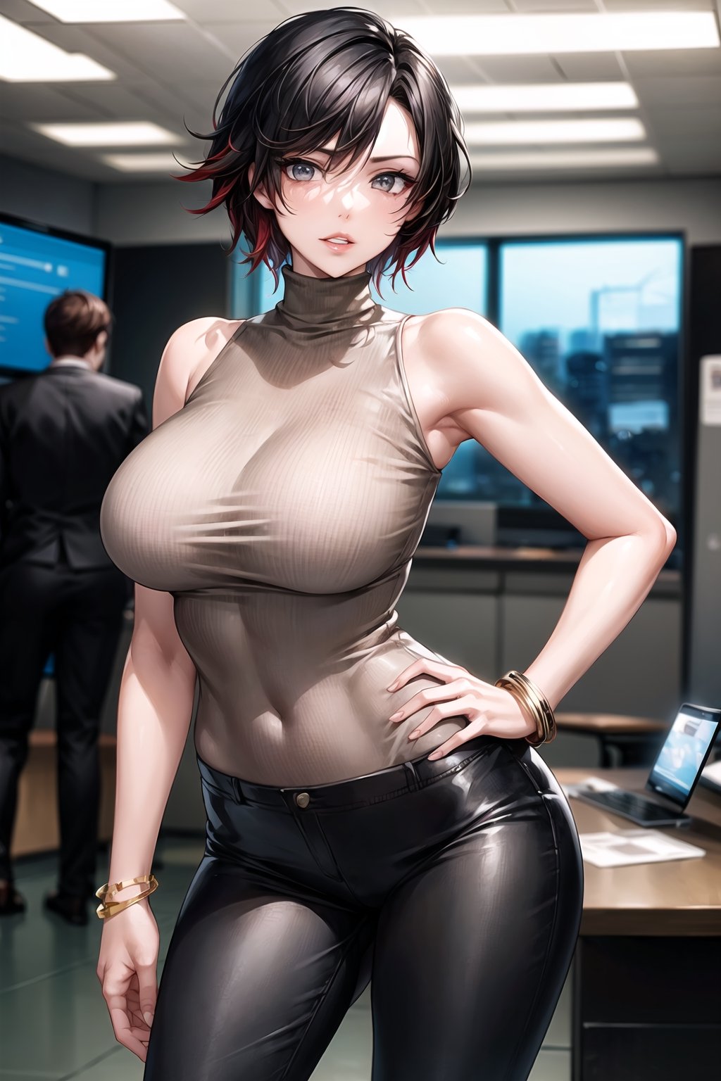 ((best quality)),  ((highly detailed)),  masterpiece,  ((official art)), (ruby rose), hand on hip,  lips, sleeveless, bare shoulders, figure, turtleneck sweater, black pants, office, lady office, black dress, building, bracelet, parted lips, cellphone picture, indoors, intricately detailed, hyperdetailed, blurry background, depth of field, best quality, masterpiece, intricate details, tonemapping, sharp focus, hyper detailed, trending on Artstation, 1 girl, high res, official art,
