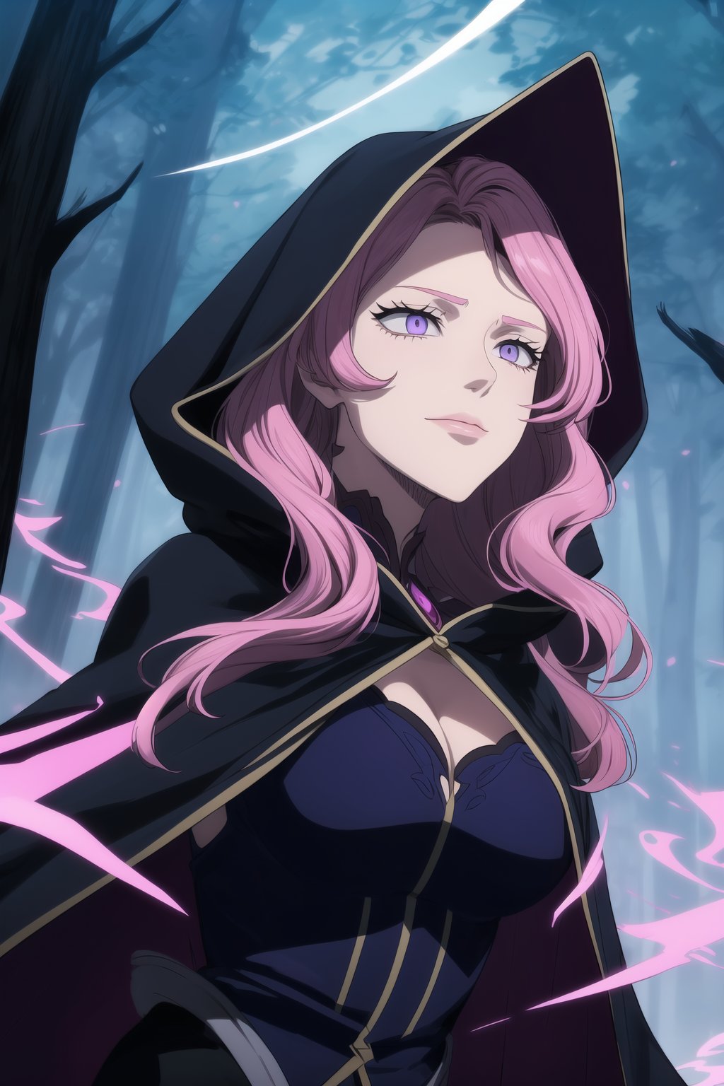 ,(masterpiece, best quality, very aesthetic, ultra detailed), lips, black lips:1.2, evil smile, evil, villain, corrupted, dark persona,intricate details, 4k, Vanessa, purple eyes,  (long straight pink hair, dark pink hair, long wavy hair),   as an evil sorceress, with dark magical energy swirling around her, in a dark, mystical forest. She wears a dark, flowing robe with glowing blue runes, and a hood that shadows her face, adding to her ominous presence. The background is filled with twisted trees and ominous fog, lit by ghostly blue light. Created Using: dark fantasy anime style, magical realism, detailed character design, ethereal lighting, digital painting, intricate