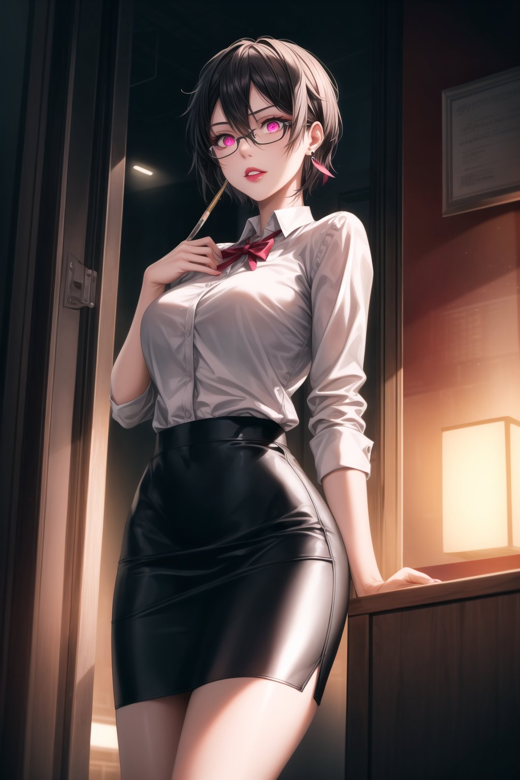 ((Best quality)), masterpiece, realistic illustration of a villainous shino asada, with black hair, hair between eyes, hair ribbon, short hair, sidelocks, and glasses. She has glowing pink eyes and red eyes, wearing a white shirt and a black leather pencil skirt, with hoop earrings and black lipstick. She stands in an office, with neon city lights casting dramatic shadows through the windows, creating an atmospheric lighting. 
The cityscape outside is detailed, with glowing signs and bustling streets. Her fierce and intense gaze, combined with the sleek design of her outfit, gives her a professional yet villainous twist. The scene is ultra-realistic, cinematic, with octane render and photo-realistic details, capturing the essence of hyper realism.