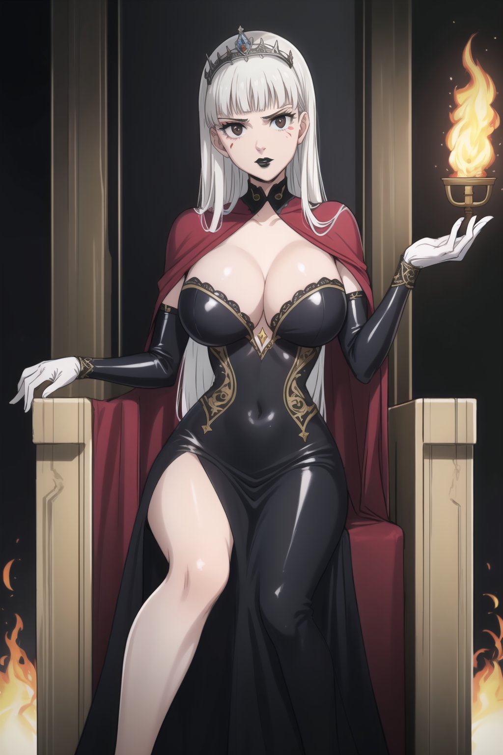 (best quality), (highly detailed), masterpiece, (official art), (Elizabeth, white hair, blunt bangs, long hair):1.2, facial mark, black lips:1.4, makeup:1.2, black eyes:1.2, black latex royal gown with intricate designs, high collar, flowing latex cape, black latex gloves, crystal tiara, sitting on a dark, gothic throne in a demon kingdom’s castle, surrounded by torches and ancient stone walls, her gaze cold and commanding, solo female, large breasts, full-body shot, looking at viewer, perfect face, realistic body, high-definition quality, regal and menacing, demon princess, b1mb0,