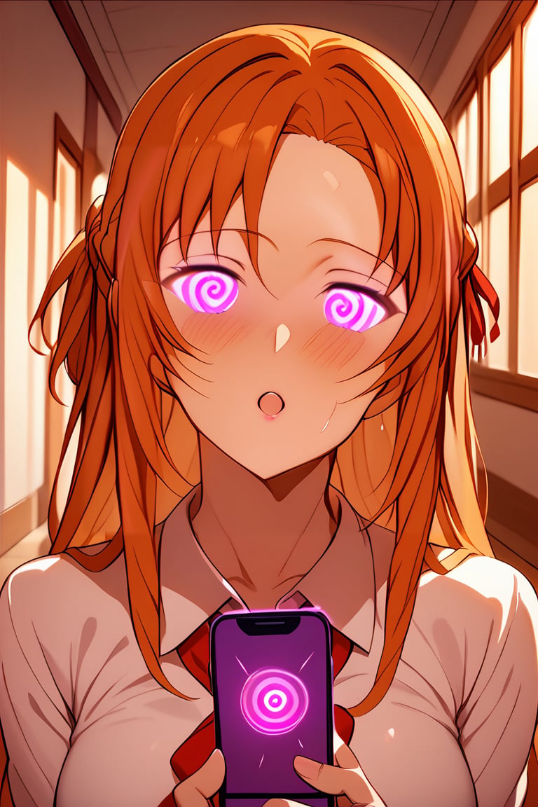 score_9, score_8_up, score_7_up, source_anime BREAK mind control, hypnosis, mind control app, hypnosis app, spiral, phone,1girl, solo, asuna yuuki,  long hair, french braid, orange hair, expressionless, cowboy shot, lips, open mouth, 
,school uniform, standing in hallway, slight blush, hallway with background students looking over, bright afternoon sunlight, dramatic shadows on floor,b1mb0, looking_at_viewer, looking_at_viewer,@_@,spiral eyes,swirly eyes