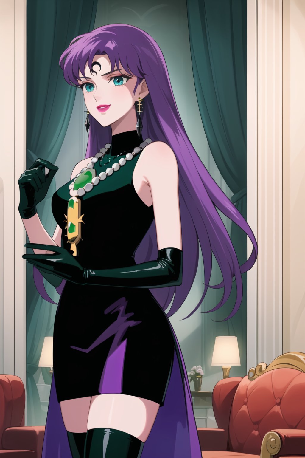 (best quality), (highly detailed), masterpiece, (official art),Saori Kido, long purple hair. blue eyes, bangs, lips, smile, lipstick, makeup,
((Forehead mark, crescent facial mark, black crystal earrings, jewelry)).  Dark  dress, black latex, black sleeveless dress, turtleneck_dress, short dress, elbow gloves, green gloves, thighhighs, large necklace, ((gemstone necklace:1.2)), standing,
Modern luxury lounge with dim lighting, featuring sleek black leather sofas, glass tables, and soft ambient lighting from wall sconces. A large window in the background reveals a city skyline at night, adding a touch of sophistication to the scene