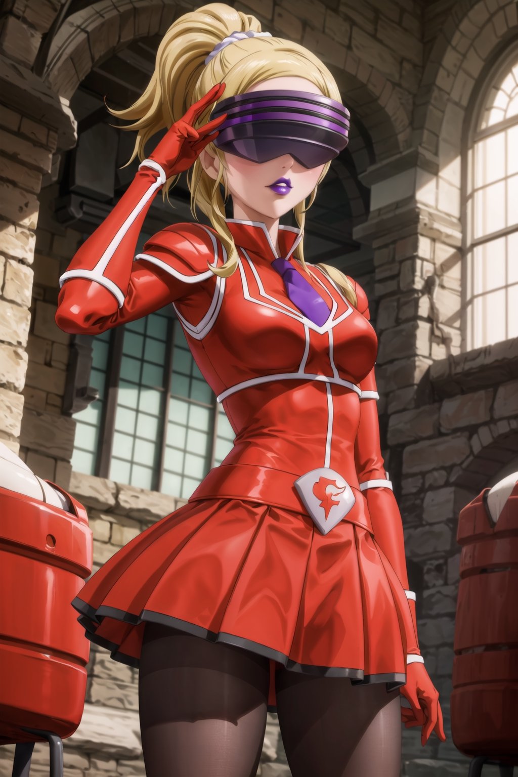 (best quality), (highly detailed), masterpiece, (official art),eri ayase, blonde hair, ponytail, hair_scrunchie, mature_female, 1girl, solo, ((head-mounted display)), ((purple lips:1.2)), (team flare:1.2),  gloves,((armor, juliet_sleeves:1.2)), long_sleeves , pleated skirt,  necktie, red dress, belt, red dress, (pantyhose, red footwear1.2), (lips:1.2), ((arms at sides)),, cowboy shot, looking at viewer, indoors, blurry background,depth of field, best quality, masterpiece, intricate details, tonemapping, sharp focus, hyper detailed, trending on Artstation, salute, 