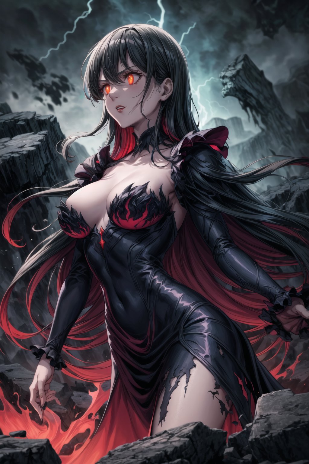 Elizabeth, black hair, lips, ruler of hell, stands as a malevolent dictator, her long hair flowing like darkness itself, gradient from white to dark, framing her cold gaze. Her elaborate gown, adorned with sinister symbols and glowing red accents, reflects her dominance and cruelty. The background features a hellish landscape: rivers of lava, jagged rocks, tormented souls, and dark clouds with lightning. Eerie, red and black glows illuminate the scene, capturing the dark and oppressive atmosphere of her dominion.