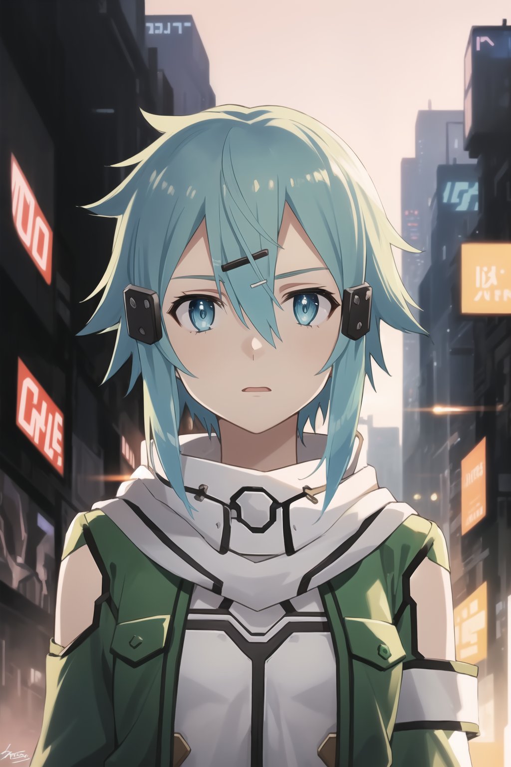 (best quality), (highly detailed), masterpiece, (official art), ((sinon1, cyberpunk, hair ornament, hairclip)), 1girl, upper body, bangs, blue eyes, blue hair, blurry, blurry background, fingerless gloves, green jacket, hair between eyes, hair ornament, hairclip, highres, jacket, long sleeves, outdoors, scarf, short hair, short hair with long locks, sidelocks, signature, sinon, solo, sunset, sword art online, turning head, ((open eyes, shocked expression)), 
