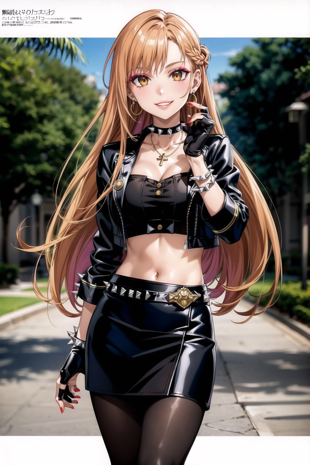 (best quality), (highly detailed), masterpiece, (official art), , aaasuna ,brown eyes, long hair, (orange hair), (multicolores hair:1.2, red hair:1.2), smirk, grin, smile, cross-laced clothes,  (spiked bracelet),  necklace, corset,  bustier, park,  hoop earring, navel, (makeup:1.3) (lips:1.3),  (seductive pose:1.2), (latex), (black top),  (black tube top:1.2), gloves,  fingerless gloves, ((jacket)),  skirt,  black choker,  black leather jacket,  (dark jacket), belt,  pencil skirt,  pantyhose,  open jacket,  miniskirt,  (black skirt),  black gloves,  black legwear,  black choker,  medium breast,  standing, , (park), (tree), standing (intricately detailed,  hyperdetailed),  blurry background, depth of field,  best quality,  masterpiece,  intricate details,  tonemapping,  sharp focus, hyper detailed, trending on Artstation,1 girl, solo,high res,official art, ,edgCJ