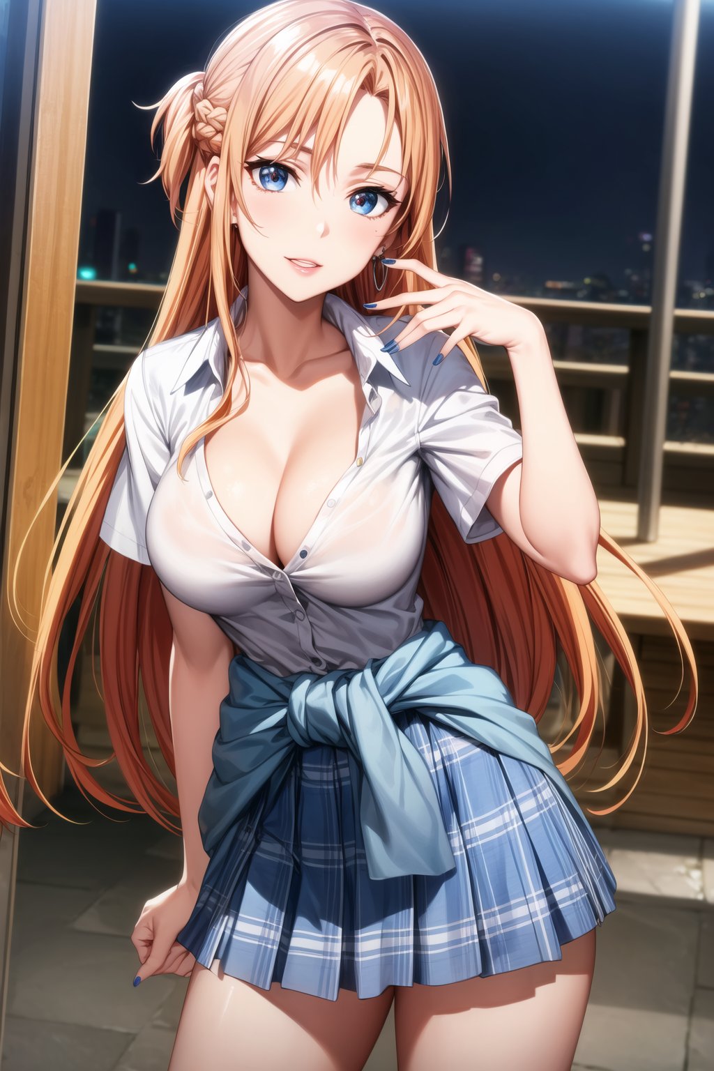 ((best quality)), ((highly detailed)), masterpiece, ((official art)), detailed face, beautiful face, (detailed eyes, deep eyes), seductive posing, (cowboy shot),asuna yuuki, long hair, brown eyes, orange hair, red hair, purple lips:1.2, 1girl, blonde hair, multicolored hair, bangs, one side up, long hair, blue eyes, hairclip, jewelry, earrings, medium breasts, gyaru, cleavage, collarbone, school uniform, white shirt, short sleeves, bow, blue skirt, plaid skirt, sweater around waist, nail polish, blue nails, laughing, looking at viewer