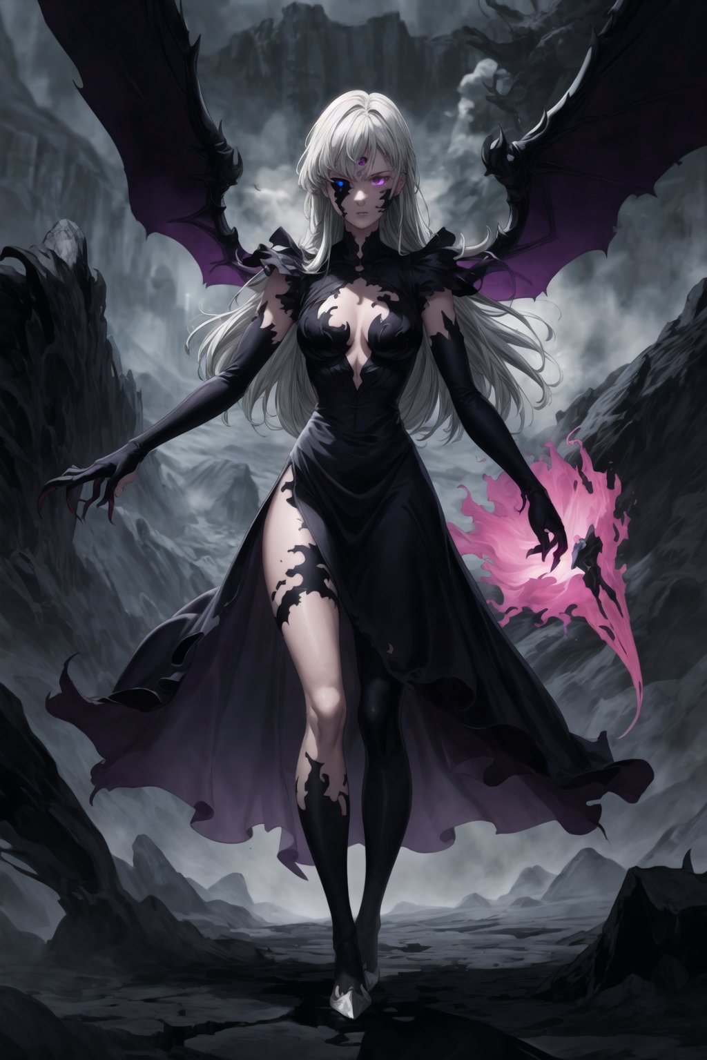 monochrome,greyscale,(tattoo,facial mark,aura,glowing,bodypaint,smoke,dark aura:1.2),1girl,long hair,medium breasts,black hair,angry,purple eyes,wings,claws,looking at viewer,nude,censored,armor,convenient censoring,Elizabeth, black hair, lips, ruler of hell, stands as a malevolent dictator, her long hair flowing like darkness itself, gradient from white to dark, framing her cold gaze. Her elaborate gown, adorned with sinister symbols and glowing red accents, reflects her dominance and cruelty. The background features a hellish landscape: rivers of lava, jagged rocks, tormented souls, and dark clouds with lightning. Eerie, red and black glows illuminate the scene, capturing the dark and oppressive atmosphere of her dominion.