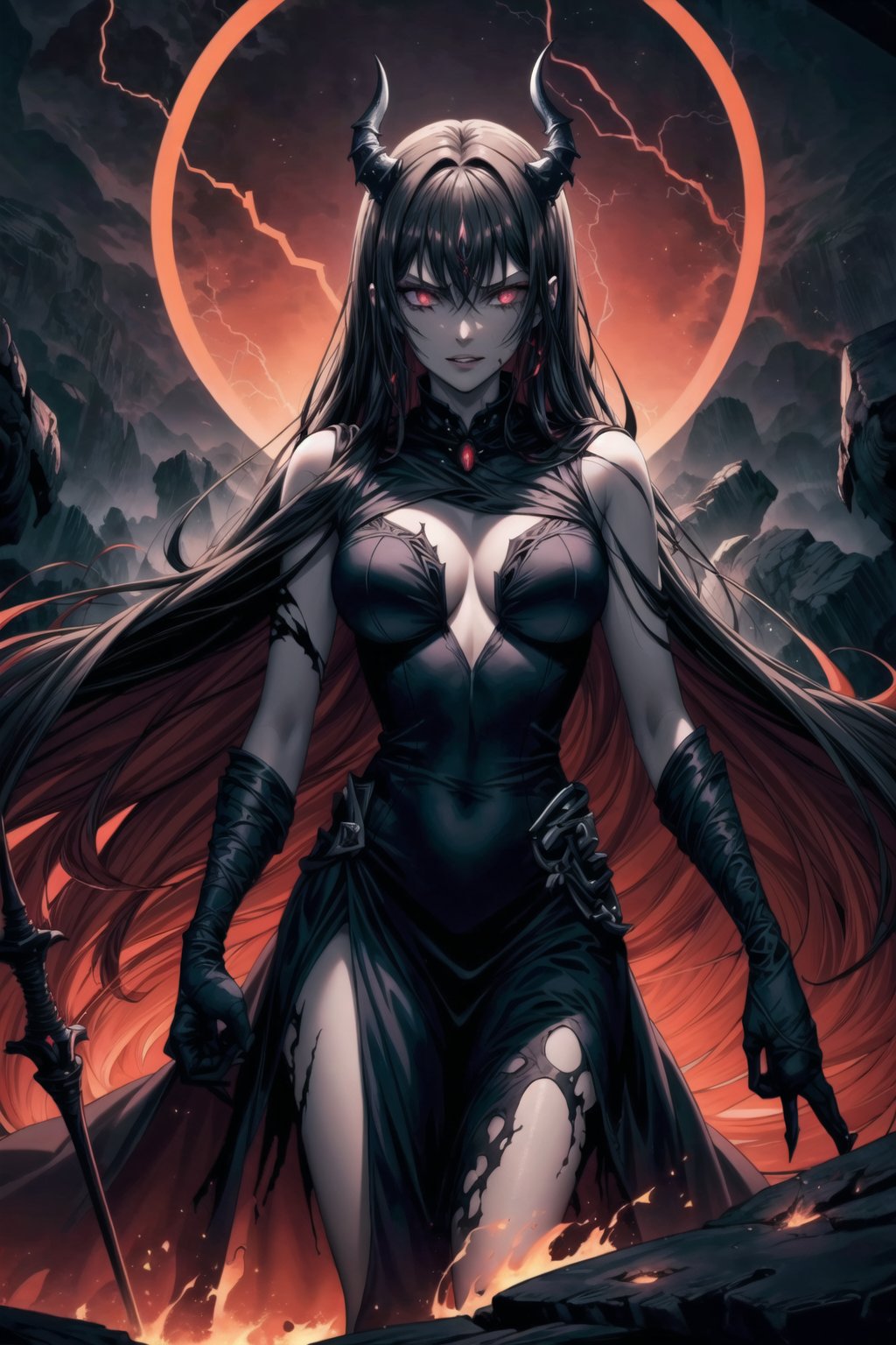 Elizabeth, black hair, lips, ruler of hell, stands as a malevolent dictator, her long hair flowing like darkness itself, gradient from white to dark, framing her cold gaze. Her elaborate gown, adorned with sinister symbols and glowing red accents, reflects her dominance and cruelty. The background features a hellish landscape: rivers of lava, jagged rocks, tormented souls, and dark clouds with lightning. Eerie, red and black glows illuminate the scene, capturing the dark and oppressive atmosphere of her dominion.