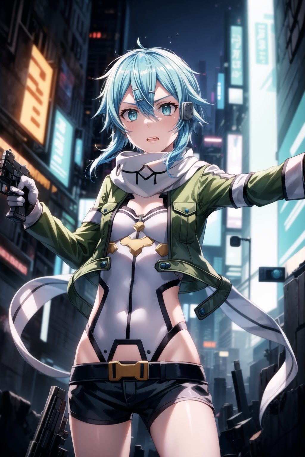 ((Best quality)), masterpiece, Sinon1, (surprised:1.3), (scary:1.3), lips, aiming at viewer, holding pistol, ((Sinon, cyberpunk, hair ornament, hairclip)),, 1girl, bangs, belt pouch, black gloves, black shorts, blue eyes, blue hair, fingerless gloves, green jacket, green legwear, gun, hair between eyes, hair ornament, hairclip, highres, jacket, long sleeves, outdoors, handgun, scarf, shadow, short hair, short hair with long locks, short shorts, shorts, sidelocks, Sinon, pistol, solo, sword art online, weapon, Anime illustration, post-apocalyptic cyberpunk setting, cowboy shot.

Sinon appears out of breath and agitated after a shootout. She has a surprised and scary expression, lips slightly parted, aiming her handgun directly at the viewer with arms outstretched. The background features a ruined cityscape with neon signs, broken buildings, and flickering lights, enhancing the cyberpunk atmosphere. The scene is lit with a mix of neon glows and dark shadows, emphasizing the chaotic and dystopian environment.