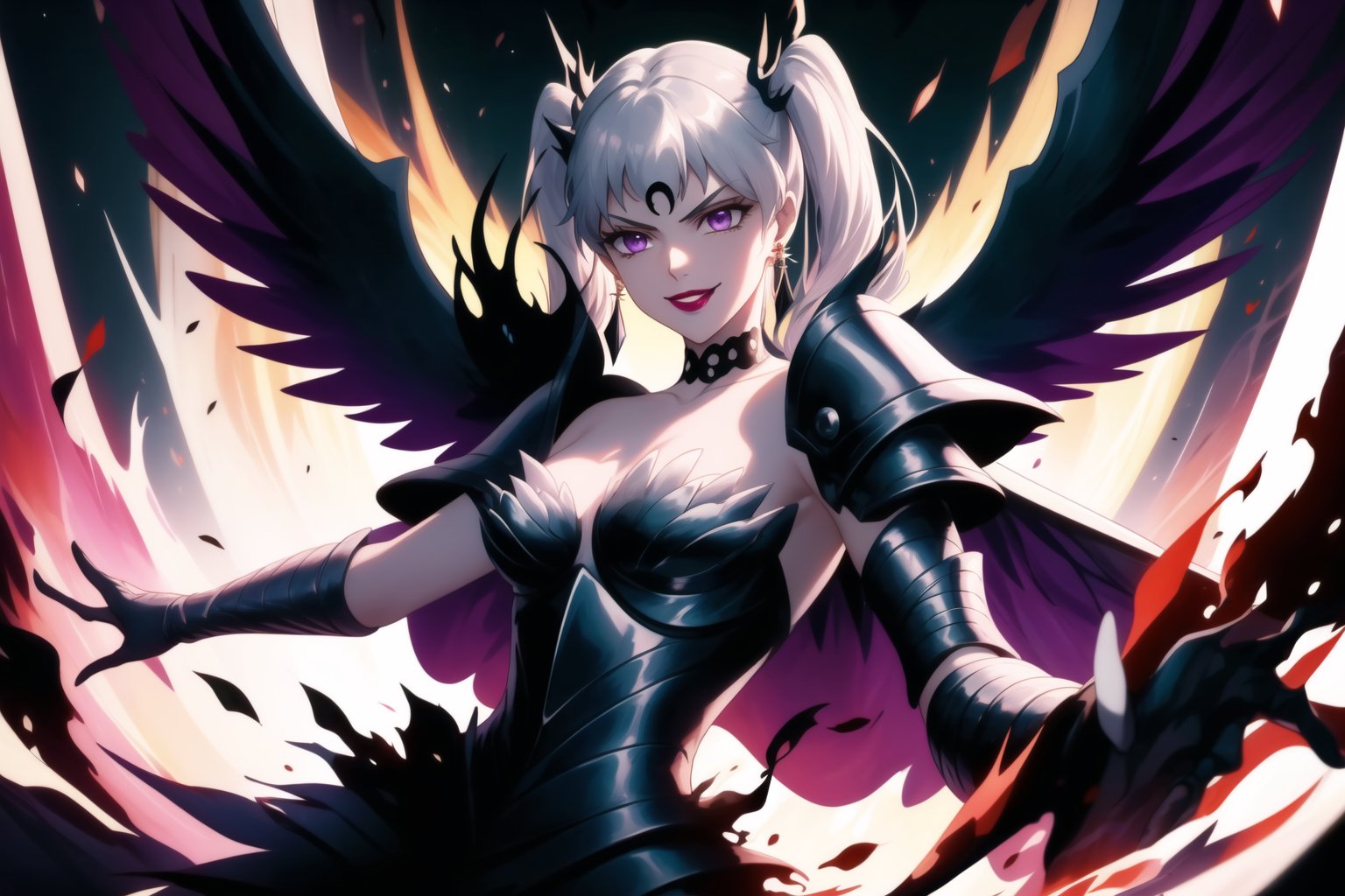 Here is a high-quality prompt for generating an image:

Official art masterpiece by noelle_silva,silver hair,twintails,bangs,purple eyes, Dark Thunder, aged up, poses confidently with silver hair flowing in the darkness. Her evil smile spreads across lips painted with bold lipstick, as she summons dark electricity to attack her foe. She wears retro-inspired armor, gloves, and jewelry, including black crystal earrings and a choker. A crescent-shaped facial mark glows ominously on her forehead. In the background, a subtle hint of a black moon casts an eerie shadow, further emphasizing her malevolent aura. Armor, wings, Holdibg a Dark Sword while charge a energy attack,