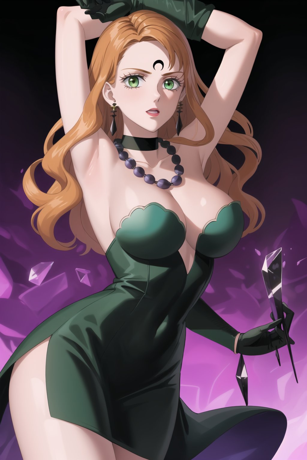 (best quality), (highly detailed), masterpiece, (official art),mimosa vermillion, orange hair, green eyes , makeup, ((black moon, forehead mark, crescent facial mark, black crystal earrings)), jewelry,  black dress, sleeveless dress, short dress, high collar, black gloves, long gloves, black knee-high boots, high heels, large turquoise necklace, gemstone necklace, dangling earrings, gemstone earrings, black choker, 
s, purple background, room