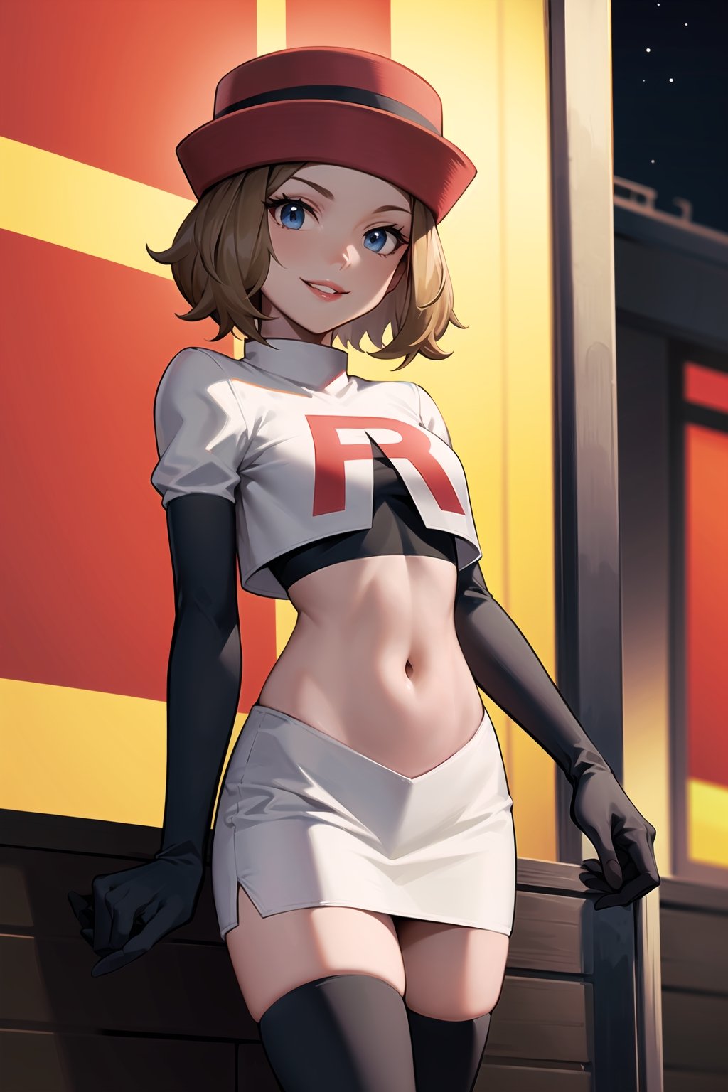 (best quality), (highly detailed), masterpiece, (official art), serena, red hat, short hair, Brown hair, posing, lips,( evil smile), Team Rocket, cropped jacket, white jacket, crop top, jacket, gloves, black gloves, elbow gloves, navel, midriff, white skirt, miniskirt, skirt, thighhighs,, looking at viewer, china, asiática, city, night, sky, (intricately detailed, hyperdetailed), blurry background,depth of field, best quality, masterpiece, intricate details, tonemapping, sharp focus, hyper detailed, trending on Artstation,1 girl, high res, official art