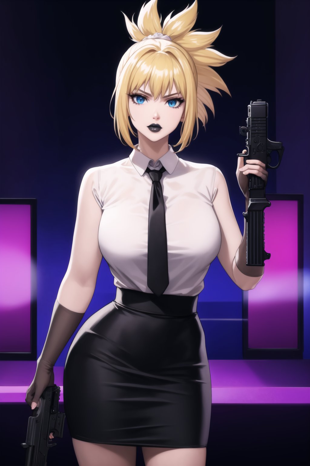 (best quality), (highly detailed), masterpiece, (official art),  kohaku, blonde hair, blue eyes, hair ornament, ponytail, solo,  lips:1.2, black lips:1.4, lipstick:1.2, skirt, black neckktie, latex:1.2, gloves, pencil_skirt, shirt, black gloves, standing, looking at viewer, white shirt, breasts, black skirt, looking at viewer, (/nightclub scene, neon lights), , club, (nigth club), ,hd quality, perfect face ,realistic, realistic body , perfect face sync,night club,StandingAtAttention,marinette,night club,b1mb0, gun, weapon, holding gun, handgun, holding, pistol, gun, handgun, pistol, holding weapon,  trigger discipline,