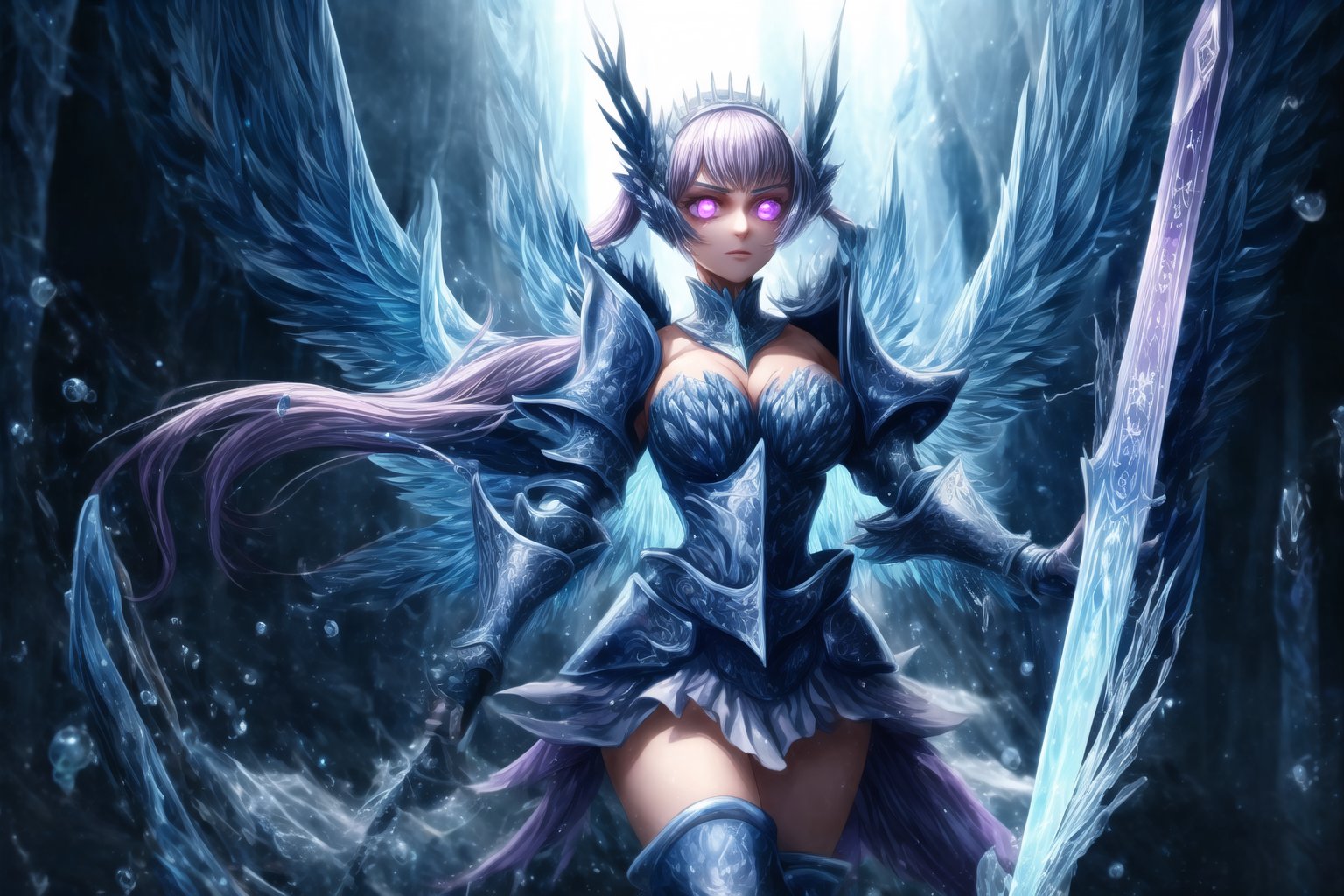 GFX wallpaper featuring Noelle Silva as a Valkyrie, with twintailed silver hair and shimmering water armor that appears both solid and liquid. The scene is illuminated by a radiant sword in her hand, casting light across the battlefield. Her wings, crafted from water, sparkle as if catching the light of a distant sun, and her purple eyes glow intensely. Water splashes around her armor, and energy beams shoot through the background. Her armored dress is detailed with intricate runes and silver accents, all glimmering as if imbued with magic. The background shows crashing waves, with water particles frozen mid-air, glowing in vibrant blue, violet, and white hues., glowing eyes