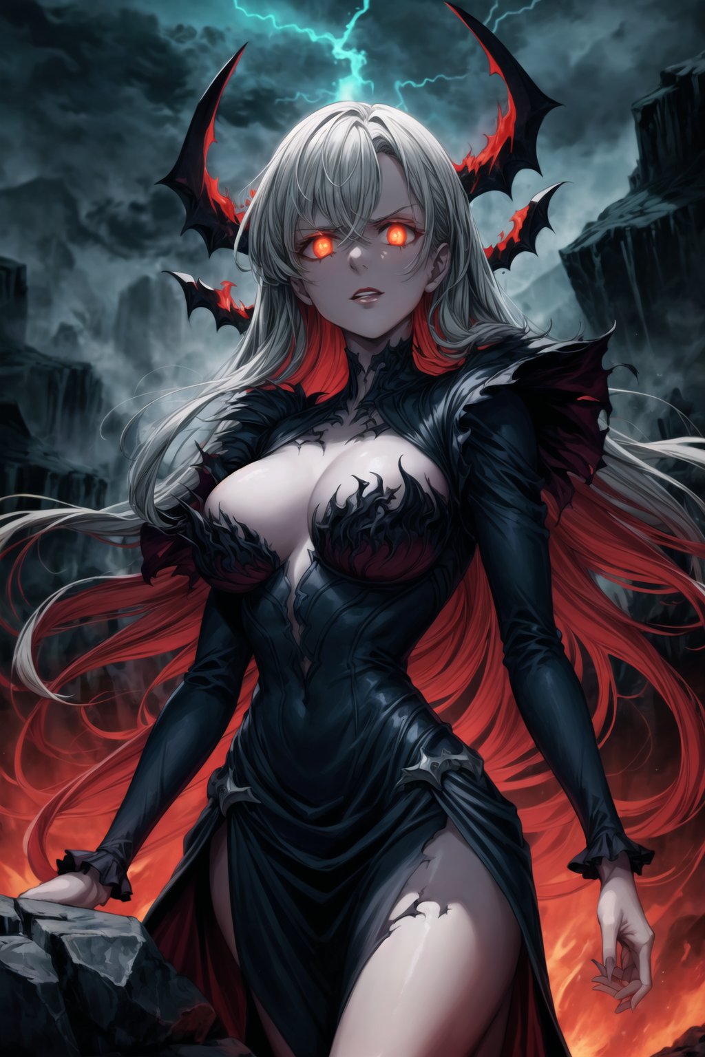 Elizabeth, black hair, lips, ruler of hell, stands as a malevolent dictator, her long hair flowing like darkness itself, gradient from white to dark, framing her cold gaze. Her elaborate gown, adorned with sinister symbols and glowing red accents, reflects her dominance and cruelty. The background features a hellish landscape: rivers of lava, jagged rocks, tormented souls, and dark clouds with lightning. Eerie, red and black glows illuminate the scene, capturing the dark and oppressive atmosphere of her dominion.