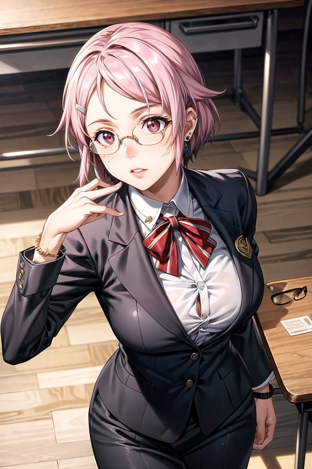 ((best quality)),  ((highly detailed)),  masterpiece,  ((official art)), ( lisbeth, pink hair, hairclip, pink eyes, freckles,earrings ,glasses),lips,  figure, ,(office), suit blazer, no shirt underneath,  in a classroom building, bracelet, parted lips,  indoors, intricately detailed, hyperdetailed, blurry background, depth of field, best quality, masterpiece, intricate details, tonemapping, sharp focus, hyper detailed, trending on Artstation, 1 girl, high res, official art,hilda