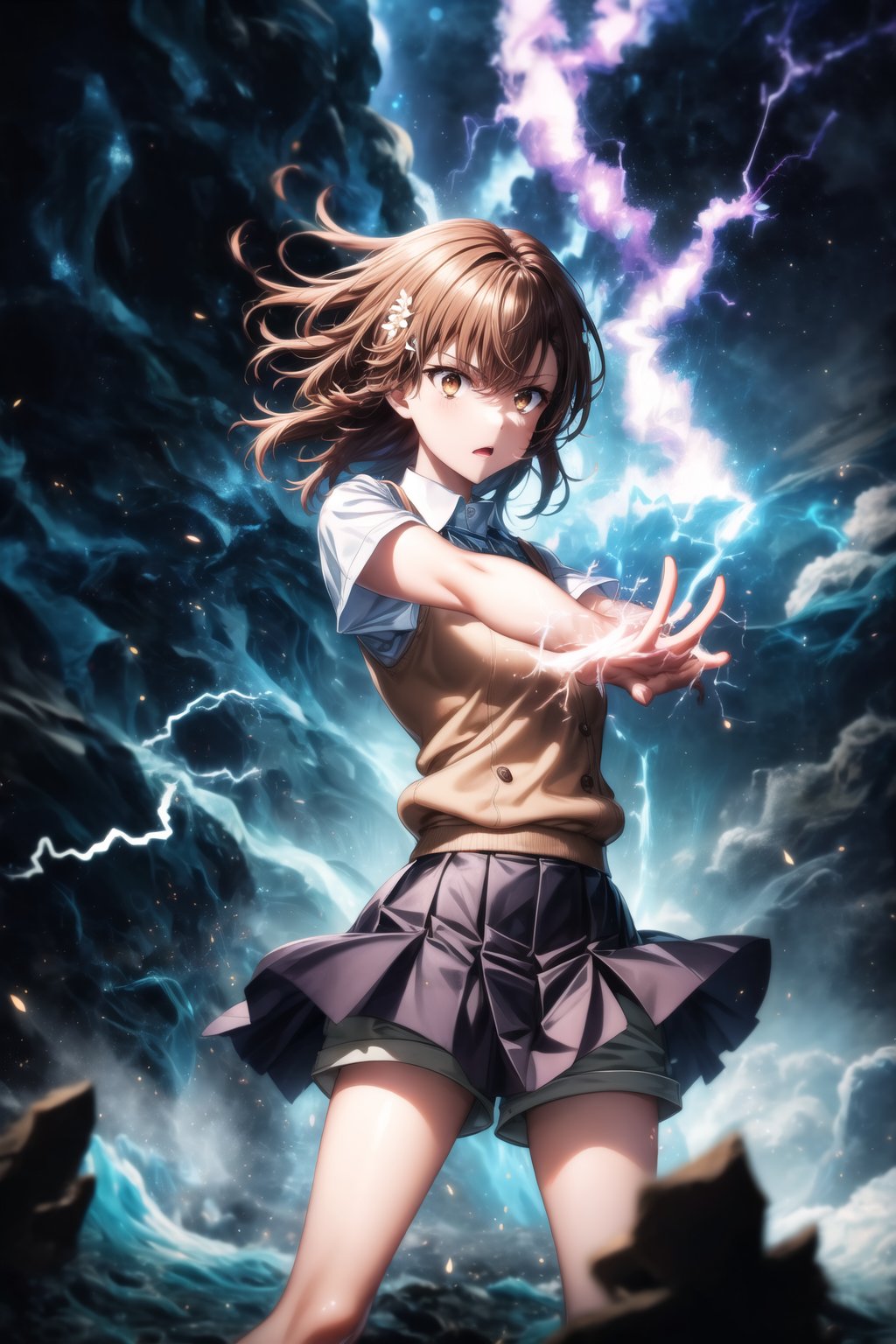 1girl, mikoto_misaka, short hair, brown hair, brown eyes, school_uniform, skirt, electricity, electric_charge, lightning_bolt, standing, side_view, arms extended, charging energy, fierce expression, sparks flying, electricity arcing between her hands, huge lightning bolt forming, glowing blue aura around her body, debris floating due to energy, wind blowing her hair and clothes, GFX elements: neon electric currents, glowing sparks, electric streaks in the air, shockwaves, dynamic lighting with high contrast, glowing effects around her body, shattered ground from the impact of power, floating particles, motion blur on the lightning arcs, energy distortions, sharp highlights on electricity, dark stormy clouds,aamikoto, white shirt, sweater vest, short sleeves, grey skirt, shorts under skirt, hair flower