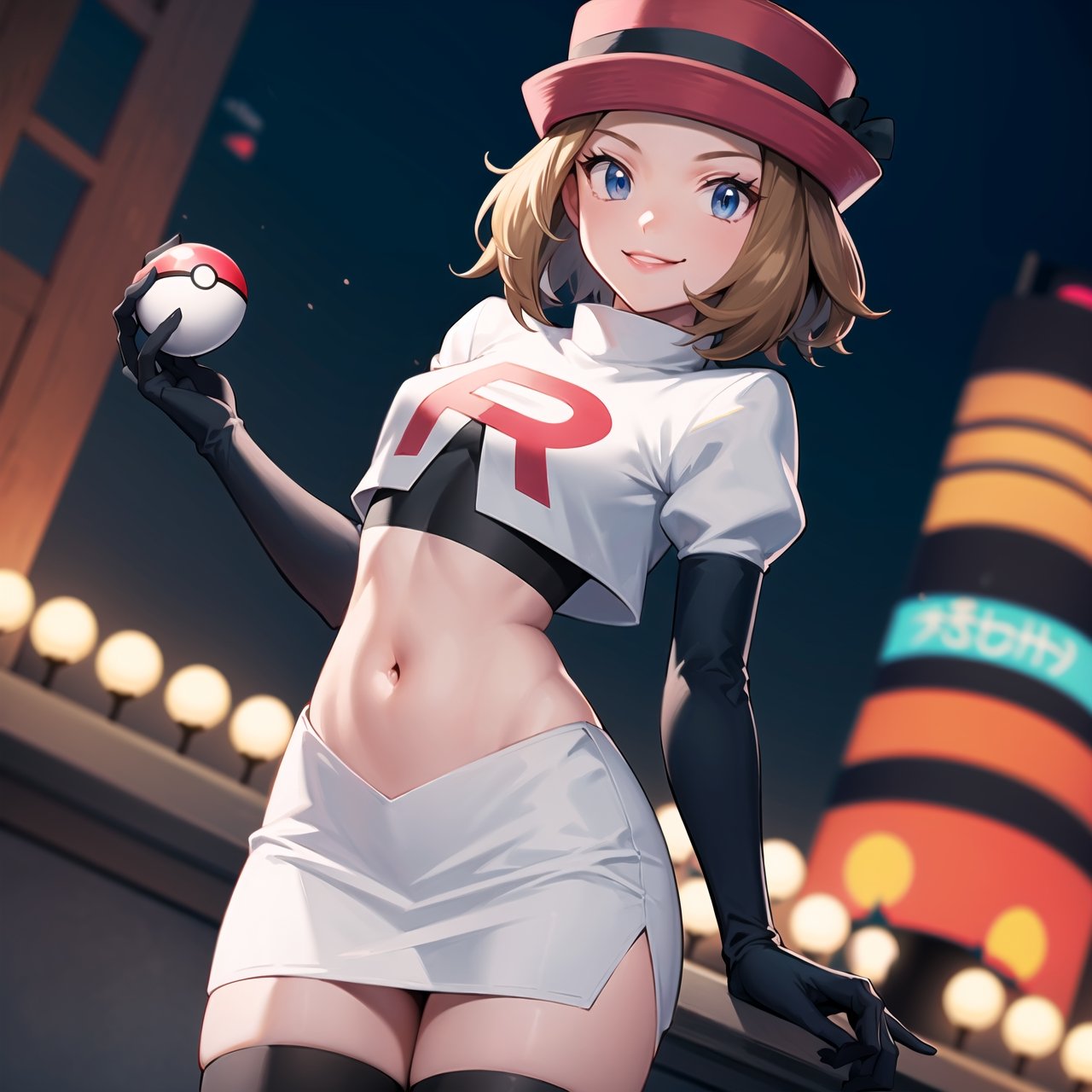 (best quality), (highly detailed), masterpiece, (official art), serena, red hat, short hair, Brown hair, poke ball, poke ball (basic), holding poke ball, posing, lips,( evil smile), Team Rocket, cropped jacket, white jacket, crop top, jacket, gloves, black gloves, elbow gloves, navel, midriff, white skirt, miniskirt, skirt, thighhighs,, looking at viewer, china, asiática, city, night, sky, (intricately detailed, hyperdetailed), blurry background,depth of field, best quality, masterpiece, intricate details, tonemapping, sharp focus, hyper detailed, trending on Artstation,1 girl, high res, official art