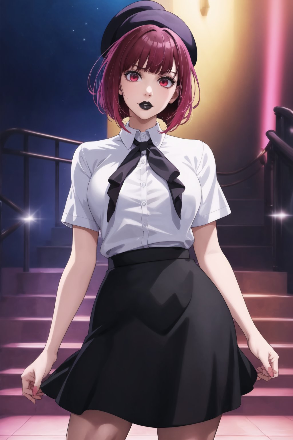 (best quality), (highly detailed), masterpiece, (official art), aakana, short hair,  red eyes, black headwear,, solo,  lips:1.2, black lips:1.4, lipstick:1.2, skirt, black neckktie, latex:1.2, pencil_skirt, shirt, standing, looking at viewer, white shirt, breasts, black skirt, looking at viewer, (/nightclub scene, neon lights), , club, (nigth club), ,hd quality, perfect face ,realistic, realistic body , perfect face sync,night club,StandingAtAttention,marinette,night club,b1mb0, 