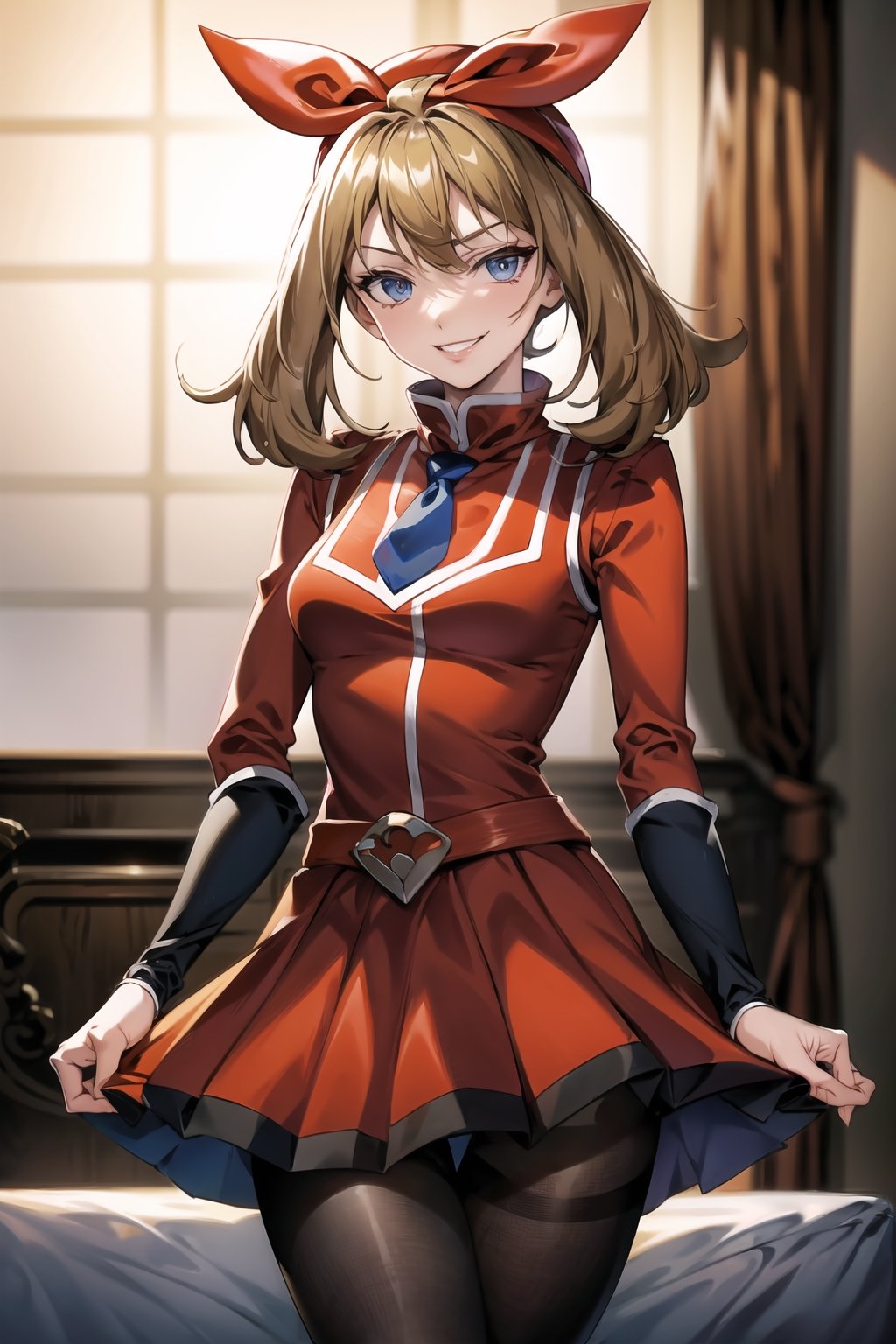 (best quality), (highly detailed), masterpiece, (official art), may, bandana, hairband, medium hair, bow hairband, sleeveless, red bandana, (team flare:1.2), gloves,juliet_sleeves, long_sleeves , pleated skirt, thighhighs, thigh boots, dress, belt, red dress, pantyhose, (lips), grin, smirk, (seductive pose), cowboy shot, looking at viewer, indoors, blurry background,depth of field, best quality, masterpiece, intricate details, tonemapping, sharp focus, hyper detailed, trending on Artstation,