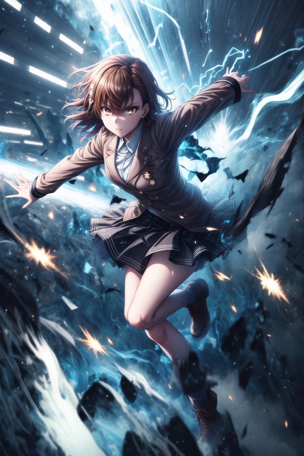 1girl, mikoto_misaka, short hair, brown hair, brown eyes, school_uniform, skirt, electricity, high-speed_movement, dashing_forward, body in motion, electric currents trailing behind her, fast movement, intense focus in her eyes, wind blowing through her hair, sparks flying off her feet as she moves, dynamic pose with one arm extended, GFX elements: motion blur on her body, glowing electric trails, neon blue lightning following her path, electric arcs cracking through the air, high-speed distortion, particles floating in the energy trail, glowing flares from her movement, debris lifting from her path, high contrast between shadows and light, electric sparks reflecting off nearby surfaces, intense cinematic energy,aamikoto