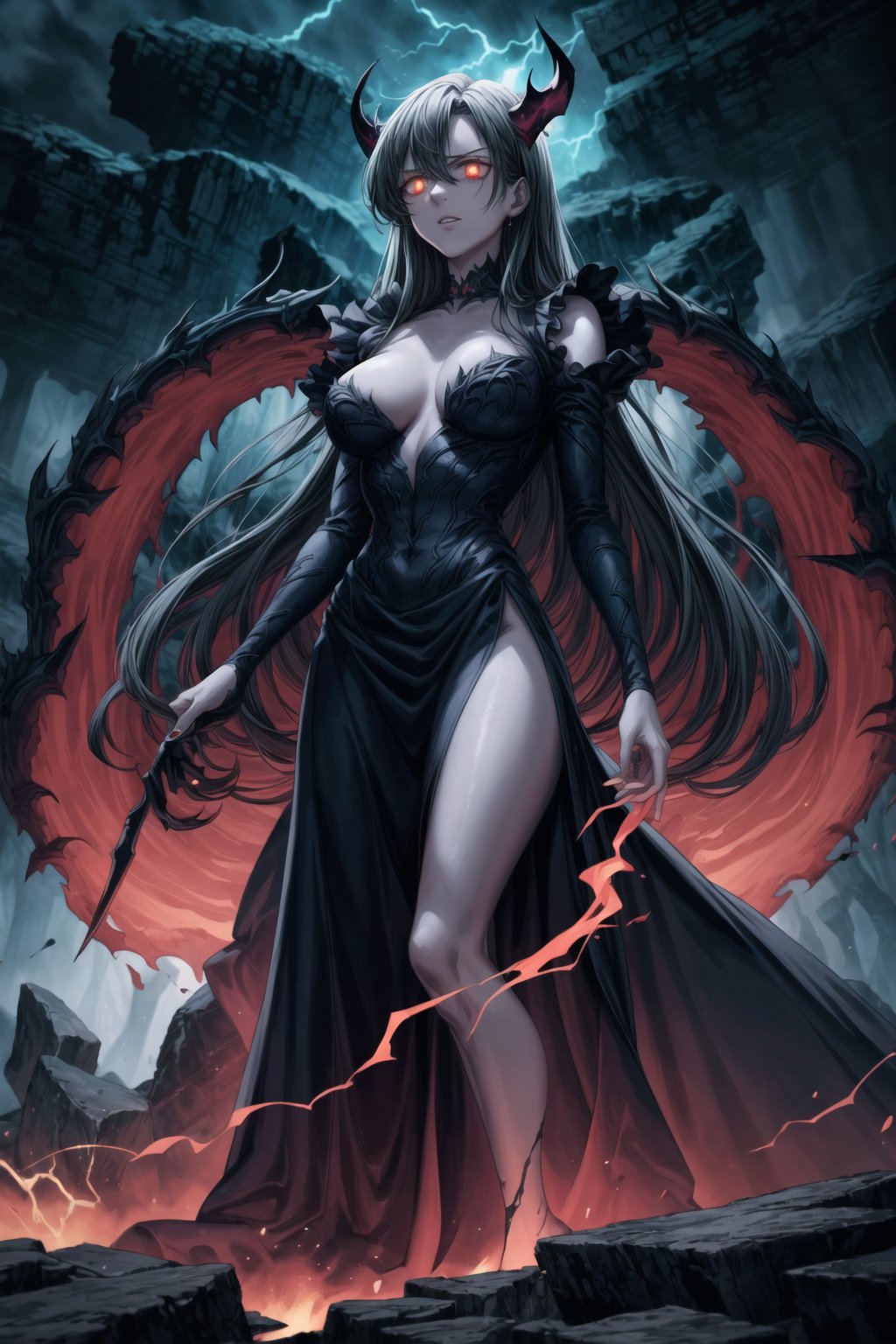 Elizabeth, black hair, lips, ruler of hell, stands as a malevolent dictator, her long hair flowing like darkness itself, gradient from white to dark, framing her cold gaze. Her elaborate gown, adorned with sinister symbols and glowing red accents, reflects her dominance and cruelty. The background features a hellish landscape: rivers of lava, jagged rocks, tormented souls, and dark clouds with lightning. Eerie, red and black glows illuminate the scene, capturing the dark and oppressive atmosphere of her dominion.