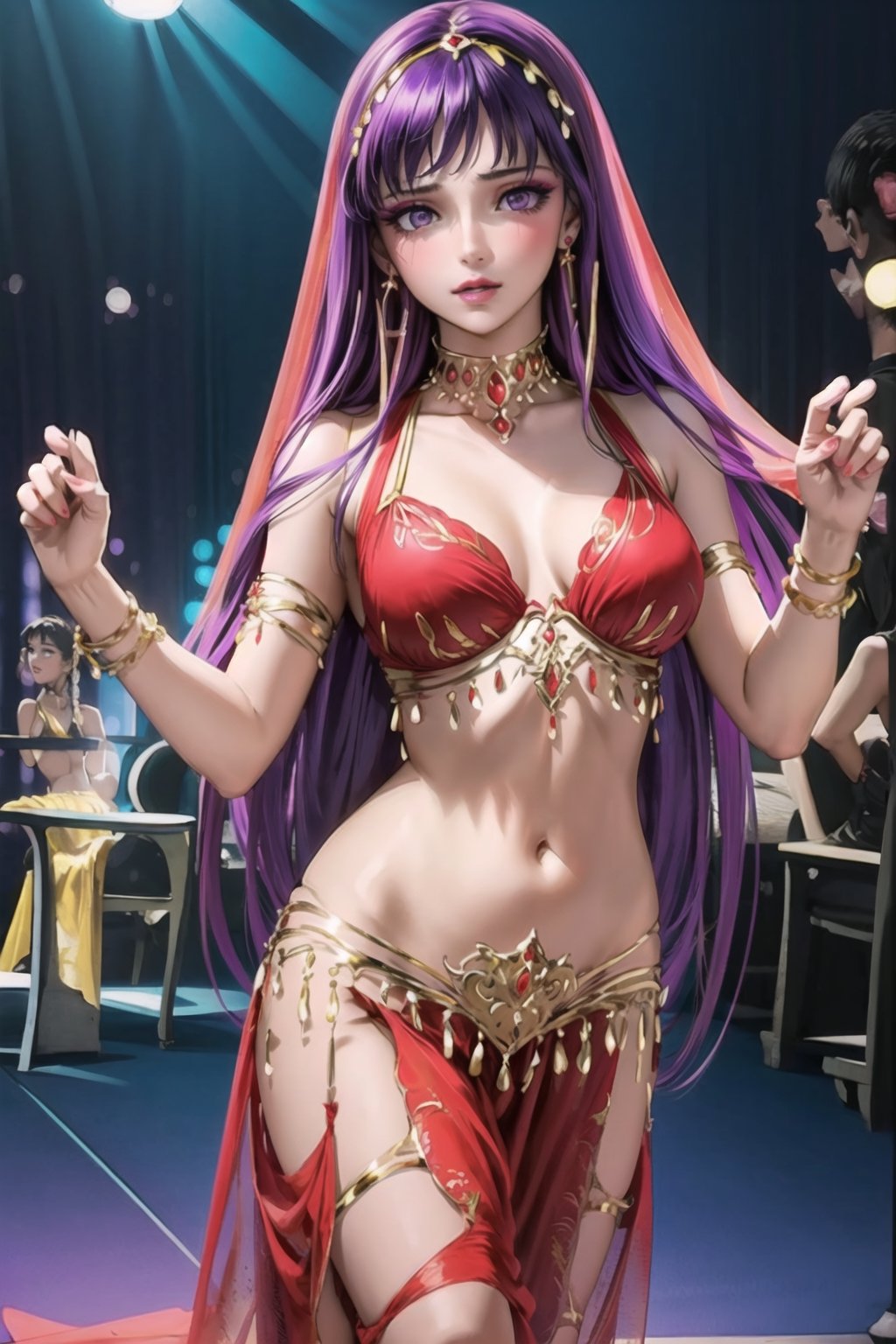 ((best quality)),  ((highly detailed)),  masterpiece,1girl, 1girl, ex, expressionless,  lips, makeup ,red lips, (dance pose:1.3), belly dance, belly dance clothes, ((red clothes)), provocative look, nightclub scene, neon lights, belly dance,(aroused), blush ,standing, ((makeup)), (earrings:1.2), blush,, looking at viewer, standing, slave, ballroom slave  market,(dutch angle), Saori, long hair, purple hair, (purple eyes),wearing belly dance dress,face_veil,jyojifuku, ((empty eyes))