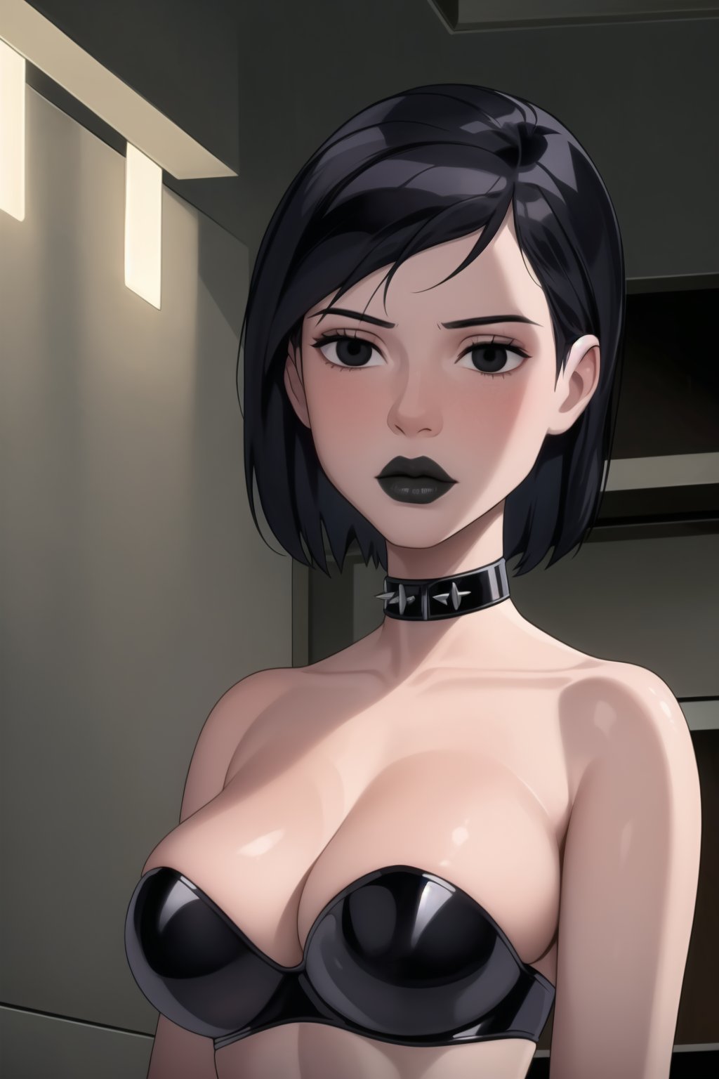 ((best quality)),  ((highly detailed)),  masterpiece,  ((official art)),(gwentennyson, ((short hair)), black hair:1.3),((black eyes, empty eyes,expressionless,hypnosis)), ((makeup,lipstick, black lips:1.2)),absurdres, (spiked collar:1.2),  dutch angle, coyboy shot, lips,  blush,  (black latex:1.3),  black dress:1.2,  miniskirt  ((hyge breasts)),  bare shoulders,  ((tube top, navel, strapless)),  indoorrs, neon ligth, club,  (nigth club),  , hd quality,  perfect face , realistic,  realistic body,  perfect face sync,  , b1mb0,,,black lips