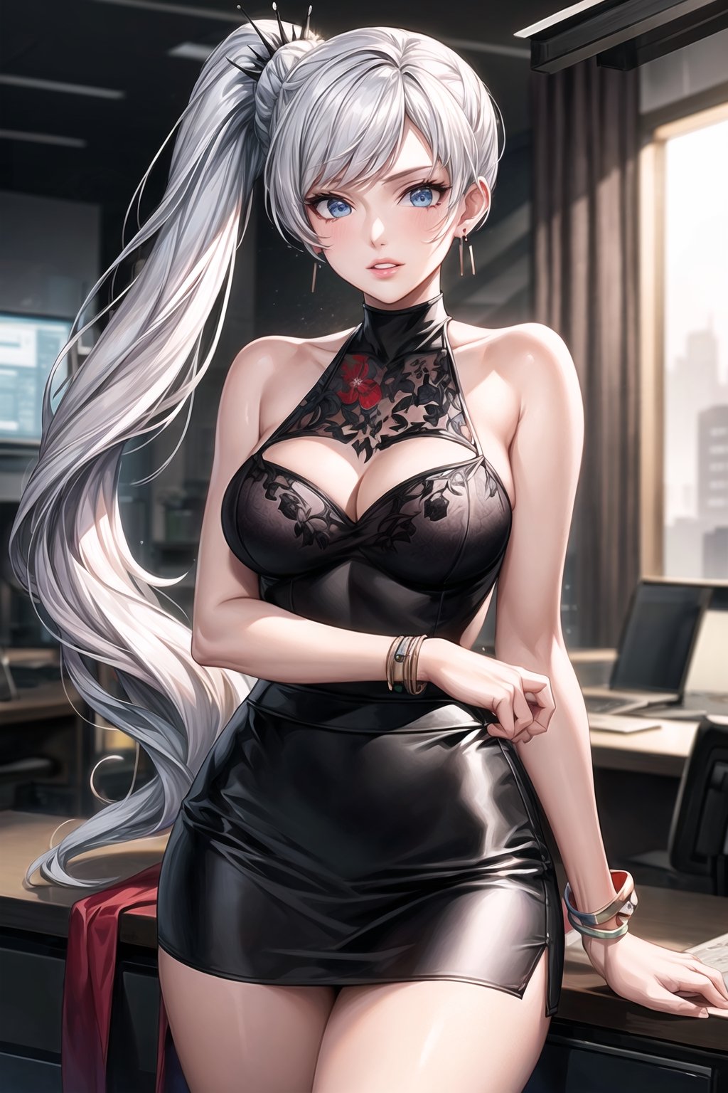 ((best quality)),  ((highly detailed)),  masterpiece,  ((official art)), (weiss schnee, side ponytail, earrings),lips, sleeveless, bare shoulders, figure, turtleneck, black shirt, black pencil skirt,office, lady office, print skirt, floral print, high-waist skirt, shirt_tucked_in, building, bracelet, parted lips, cellphone picture, indoors, intricately detailed, hyperdetailed, blurry background, depth of field, best quality, masterpiece, intricate details, tonemapping, sharp focus, hyper detailed, trending on Artstation, 1 girl, high res, official art,