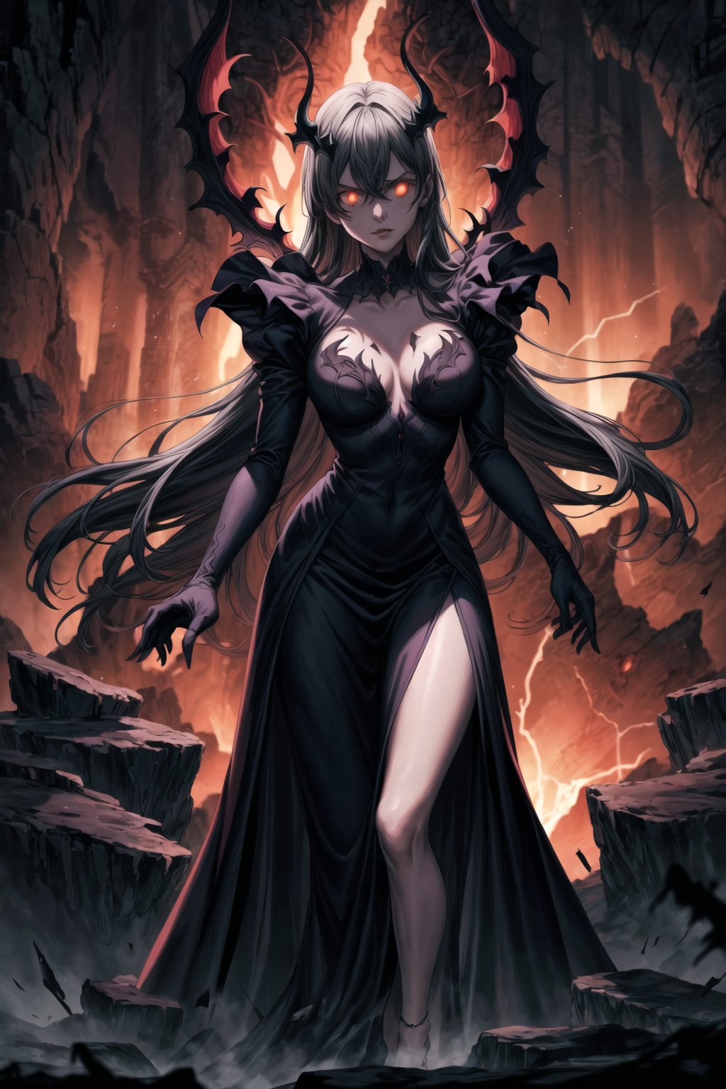 Elizabeth, black hair, lips, ruler of hell, stands as a malevolent dictator, her long hair flowing like darkness itself, gradient from white to dark, framing her cold gaze. Her elaborate gown, adorned with sinister symbols and glowing red accents, reflects her dominance and cruelty. The background features a hellish landscape: rivers of lava, jagged rocks, tormented souls, and dark clouds with lightning. Eerie, red and black glows illuminate the scene, capturing the dark and oppressive atmosphere of her dominion.