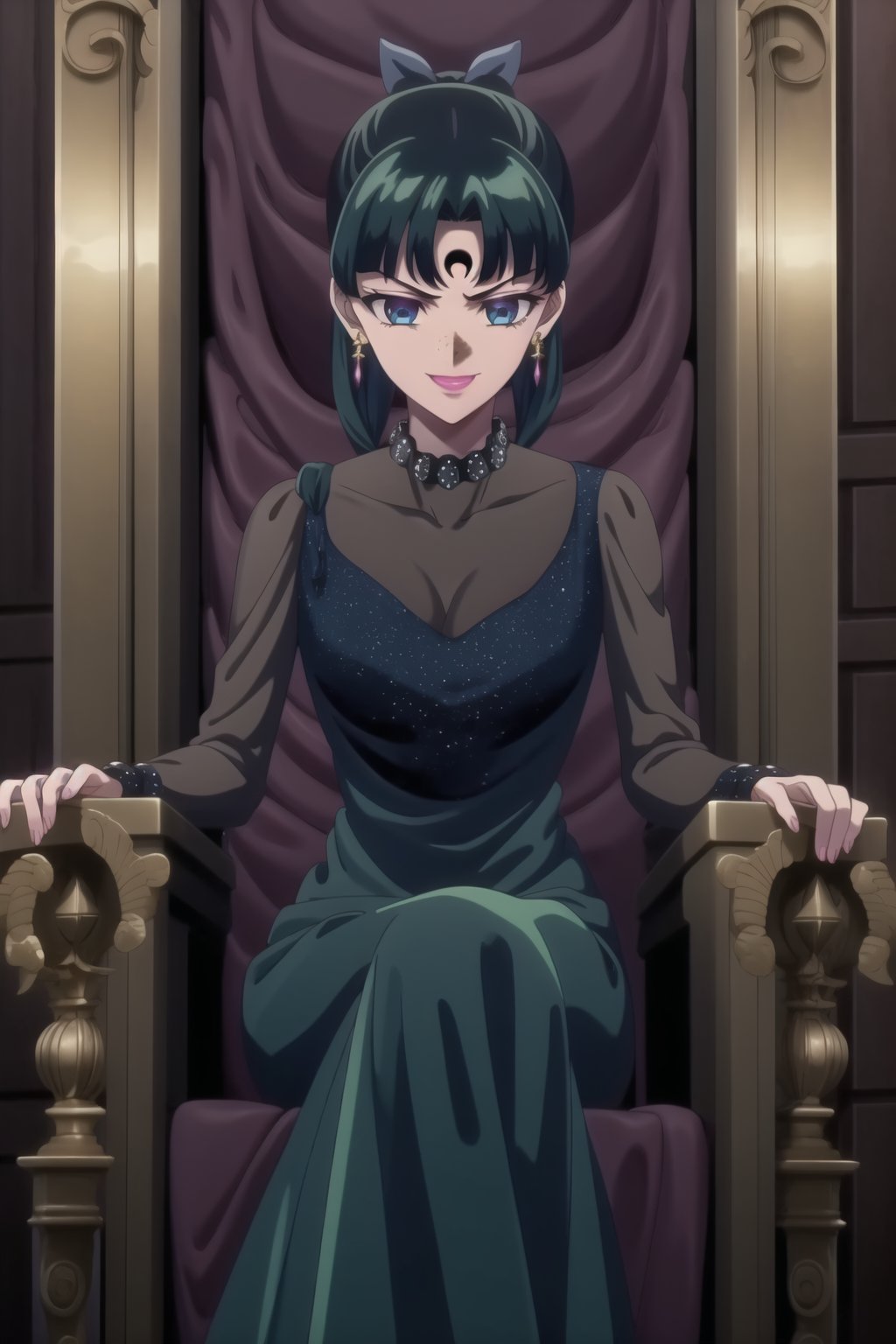 (best quality), (highly detailed), masterpiece, (official art), maomao,1girl,blunt bangs,green hair,blue eyes,sidelocks,twin braids,hair over shoulder,hair beads,half updo,single hair bun,hair ribbon,freckles, forehead mark, crescent facial mark, black crystal earrings, aged up, evil smile,  black dress, long sleeves, see-through, pink dress, sitting, throne,