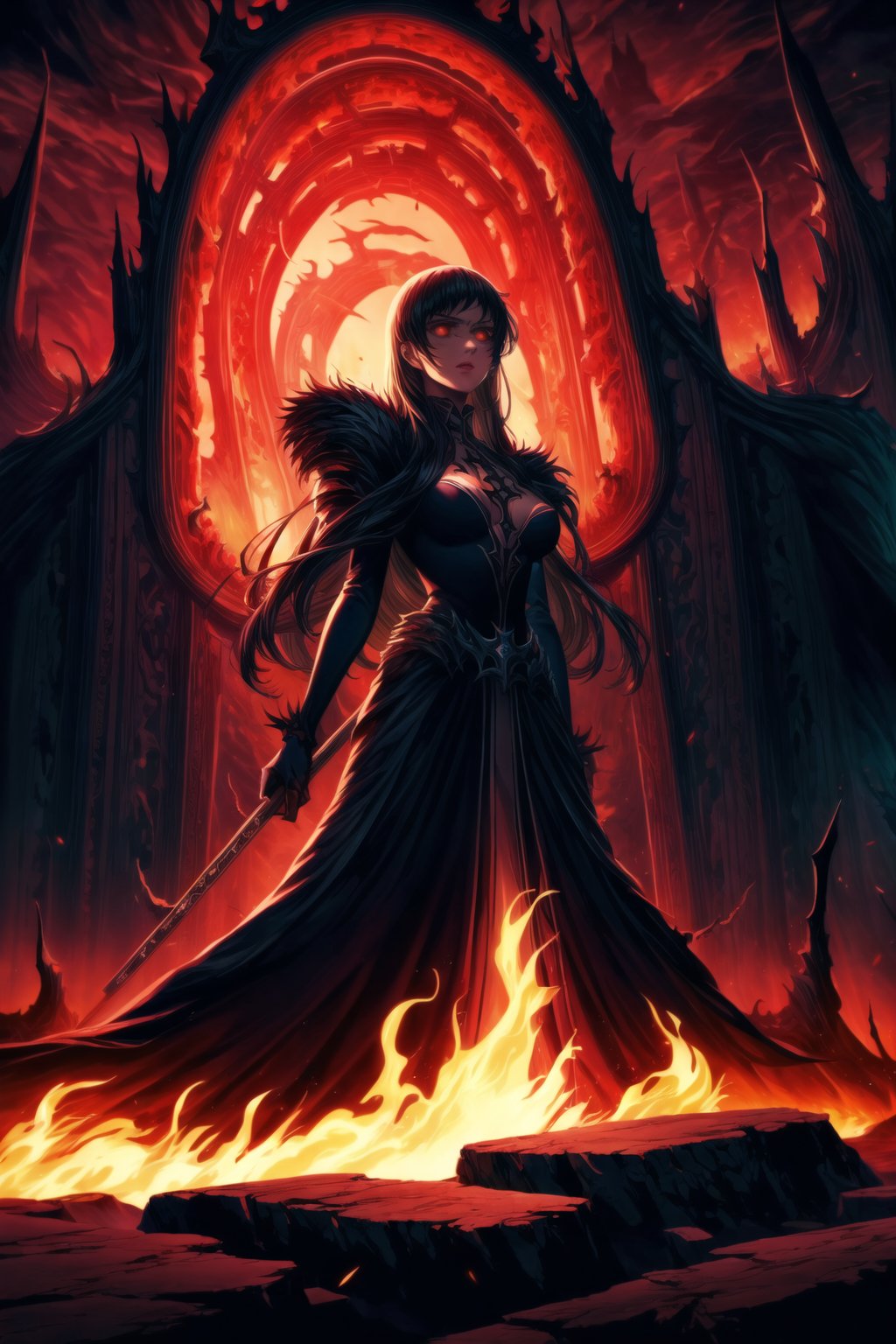 Elizabeth, black hair, lips, ruler of hell, stands as a malevolent dictator, her long hair flowing like darkness itself, gradient from white to dark, framing her cold gaze. Her elaborate gown, adorned with sinister symbols and glowing red accents, reflects her dominance and cruelty. The background features a hellish landscape: rivers of lava, jagged rocks, tormented souls, and dark clouds with lightning. Eerie, red and black glows illuminate the scene, capturing the dark and oppressive atmosphere of her dominion.