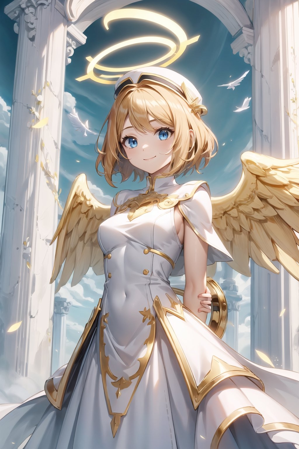 ((best quality)),  ((highly detailed)),  masterpiece,  ((official art)),  serena, 1girl, solo, orange hair, blue eyes, blonde hair, short hair, hat, red headwear, blessedtech, blessed, aura, medieval, angel, feathered wings, halo, white dress, arch, pillar, column, architecture, overgrown, vines, blue sky, wedding, arms behind back, smile, closed mouth