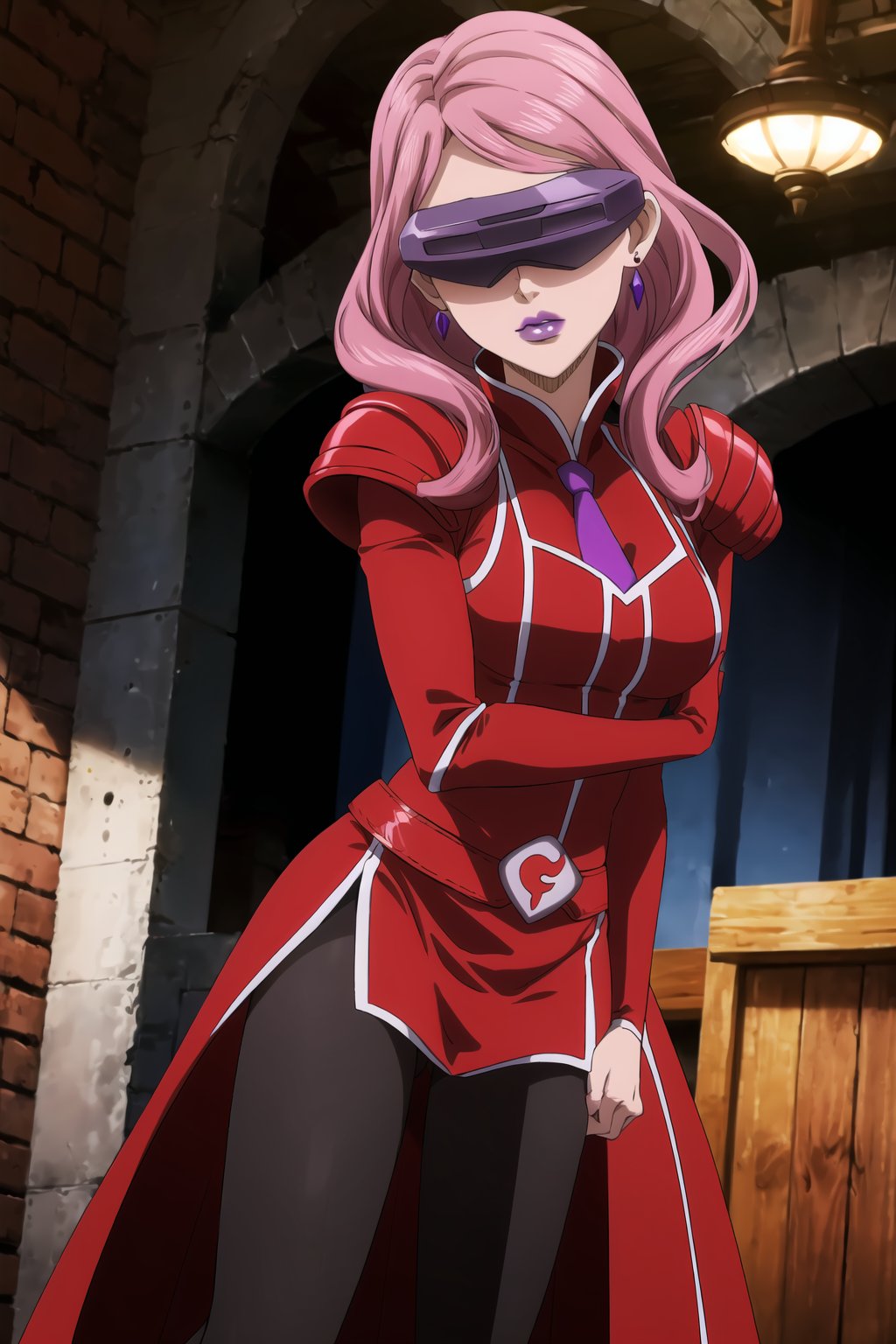 (best quality), (highly detailed), masterpiece, (official art),Vanessa, jewelry, earrings, long hair, pink hair,, mature_female, 1girl, solo, ((head-mounted display)), ((purple lips:1.2)), (team flare:1.2),  gloves,((armor, juliet_sleeves:1.2)), long_sleeves , pleated skirt,  necktie, red dress, belt, red dress, (pantyhose, red footwear1.2), (lips:1.2), ((arms at sides)),, cowboy shot, looking at viewer, indoors, blurry background,depth of field, best quality, masterpiece, intricate details, tonemapping, sharp focus, hyper detailed, trending on Artstation,