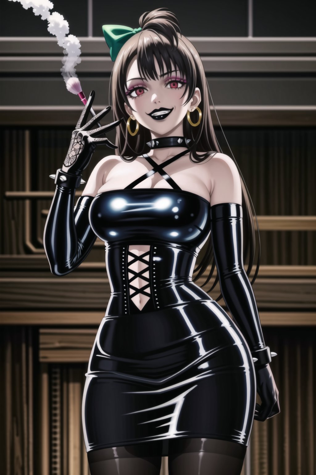 ((best quality)),  ((highly detailed)),  masterpiece,(Black lips:1.4), (white skin:1.4), ((official art)),  detailed face,  beautiful face, (cross-laced clothes:1.3), narrow_waist:1.3, dominatrix:1.4 , (intricate Black dress:1.4), (detailed eyes,  deep eyes),science fiction, cyberpunk:1.3, street,  pose:1.3, smoke:1.3, holding cigarette:1.3, smoking:1.2,((smirk, grin, naughty face, seductive smile, smug)) ,cowboy shot,(lips), minami kotori, long hair,  bangs, hair bow, green bow, (red eyes:1.3),   (spiked bracelet), corset:1.4, (black hoop earring:1.3), curvaceous, voluptuous body, (makeup:1.5) (lips:1.3), (latex:1.3),  (black tube top:1.2), gloves,(elbow gloves:1.2), skirt, black choker, pencil skirt, pantyhose, miniskirt, (black skirt), black gloves, black legwear, black nails,large breasts:1.2, (intricately detailed, hyperdetailed), blurry background, depth of field, best quality, masterpiece, intricate details, tonemapping, sharp focus, hyper detailed, trending on Artstation, 1 girl, solo, high res, official art,<lora:659111690174031528:1.0>