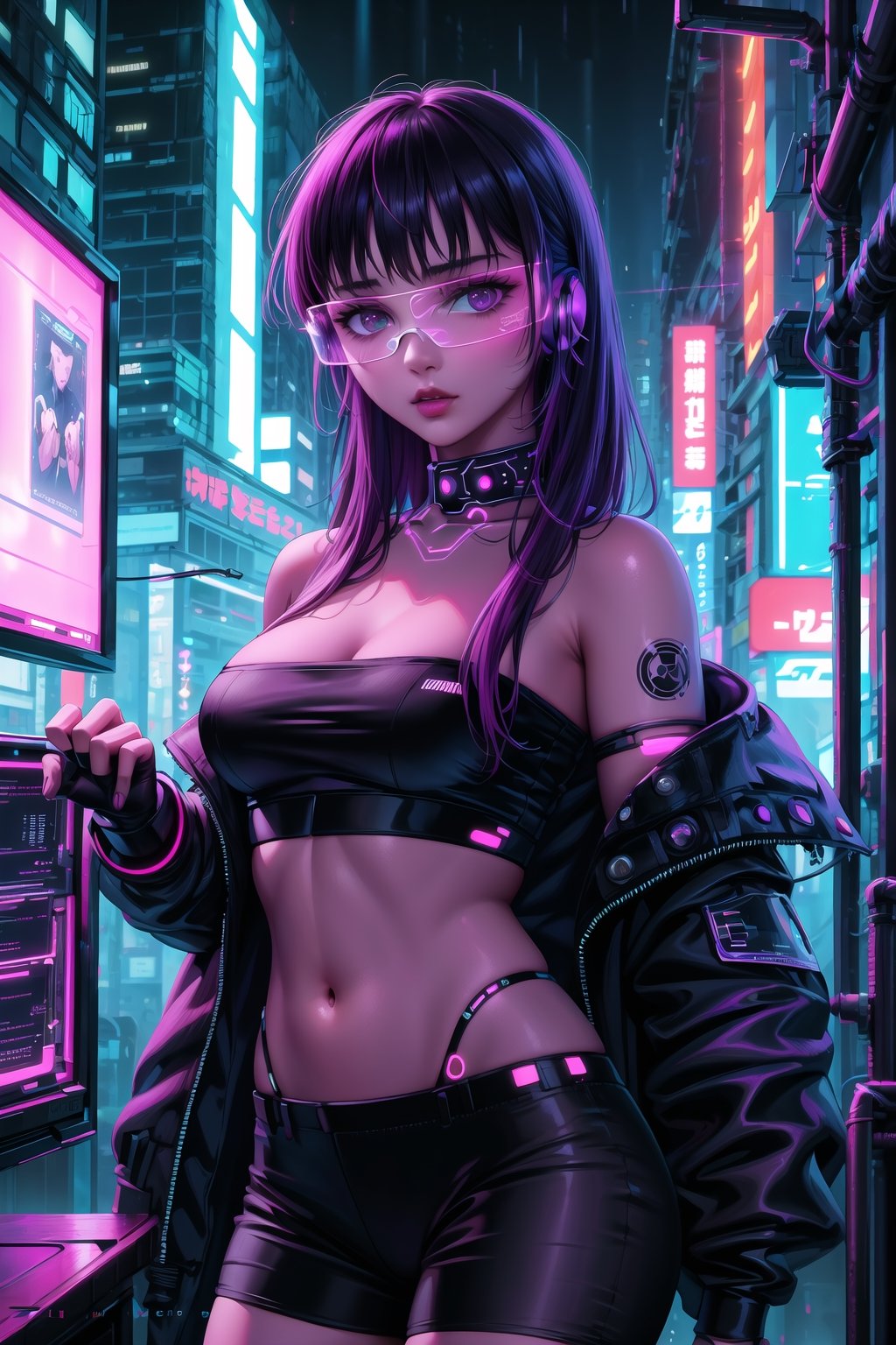 masterpiece,best quality,highres,ultra-detailed,purple hair, long hair, Saori, ((hacker)), ((black tube top,navel)),fishnets ,computer, monitor, wive, cable,(( cyberpunk)), indoors, neon nigth, ((Cyborg)), ((star wars)), chip, cyberpunk, collar, jacket,((cyberpunk glasses)), confident and curious gaze, futuristic cyberpunk hacker attire, high-tech bodysuit with glowing circuitry patterns, fingerless gloves and augmented reality glasses, underground hacker den, surrounded by screens displaying code and data, typing rapidly on a holographic keyboard, exuding intelligence and tech-savviness, cyberpunk and gritty atmosphere, dark color palette with neon highlights