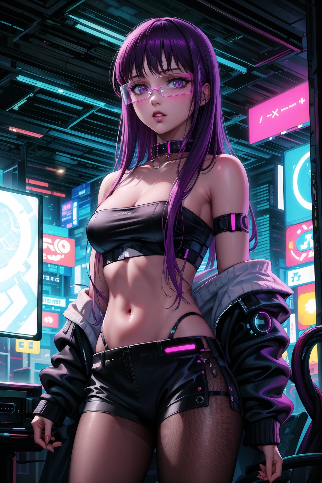 masterpiece,best quality,highres,ultra-detailed,purple hair, long hair, Saori, ((hacker)), ((black tube top,navel)),fishnets ,computer, monitor, wive, cable,(( cyberpunk)), indoors, neon nigth, Cyborg, chip, cyberpunk, collar, jacket,((cyberpunk glasses))