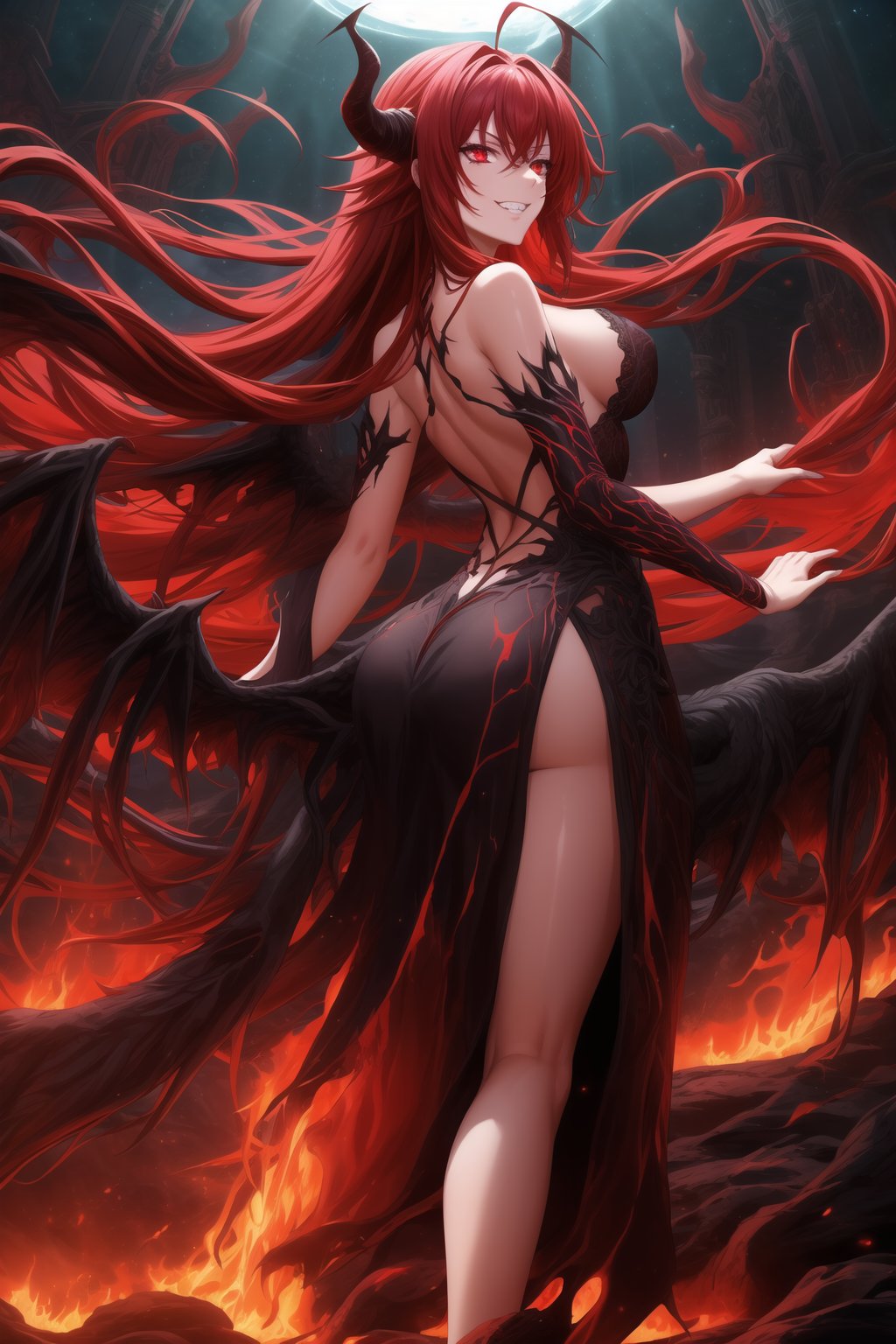 In this masterpiece of official art, Rias Gremory is depicted as a malevolent demon with an evil grin and delicate ahoge. Her long, flowing red hair cascades down her back like a river of flames. She wears an intricate, elegant black gown that billows softly around her as she floats in the hellish realm. Dark wings spread wide behind her, emitting an ethereal glow that complements her demonic presence. Her red eyes gleam with malevolent intensity as she stands with arms outstretched, welcoming all to her domain of darkness and fire. The heavens above shine down dark rays of light, illuminating her figure amidst the soft, glowing inferno. Veins of organic, bio-luminescent material pulse beneath her skin, a testament to her demonic physiology.