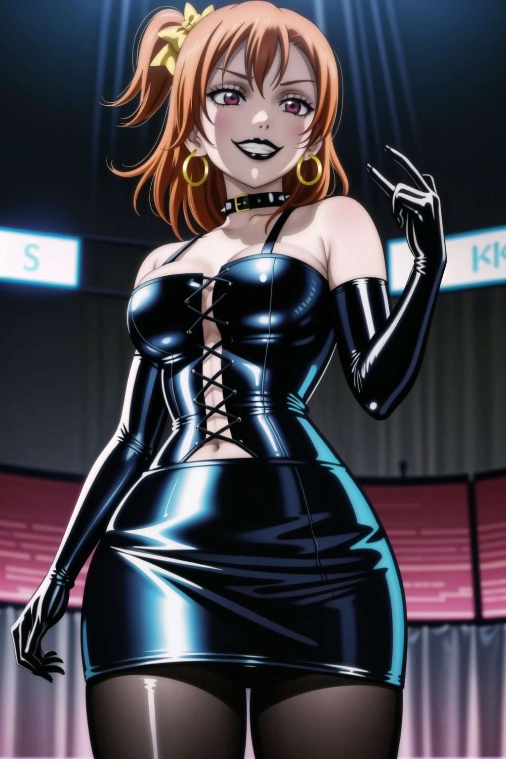 ((best quality)),  ((highly detailed)),  masterpiece,(Black lips:1.4), (white skin:1.4), ((official art)),  detailed face,  beautiful face, (cross-laced clothes:1.3), narrow_waist:1.3, dominatrix:1.4 , (intricate Black dress:1.4), (detailed eyes,  deep eyes),(science fiction, cyberpunk:1.3, street, shopping, pose:1.3, dancing:1.3),((smirk, grin, naughty face, seductive smile, smug)) ,cowboy shot,(lips), kousaka honoka, yellow hair bow, one side up, orange hair,  medium hair, (red eyes:1.3),   (spiked bracelet), corset:1.4, (black hoop earring:1.3), curvaceous, voluptuous body, (makeup:1.5) (lips:1.3), (latex:1.3),  (black tube top:1.2), gloves,(elbow gloves:1.2), skirt, black choker, pencil skirt, pantyhose, miniskirt, (black skirt), black gloves, black legwear, black nails,large breasts:1.2, (intricately detailed, hyperdetailed), blurry background, depth of field, best quality, masterpiece, intricate details, tonemapping, sharp focus, hyper detailed, trending on Artstation, 1 girl, solo, high res, official art,RockOfSuccubus,kousaka honoka,honoka kousaka,<lora:659111690174031528:1.0>