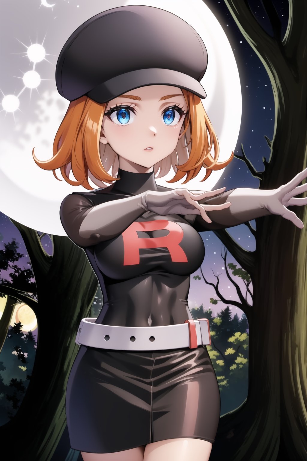 Serena stands eerily still, her orange hair illuminated by the faint moonlight filtering through the dark forest canopy. Her blue eyes seem to pierce through the shadows as she sports an expressionless parted lips gaze, hat brim framing her features beneath a curtain of short blonde bangs. The black cabbie hat casts a silhouette against the dark trees. A sleek black dress with long sleeves, elbow gloves, and a grey belt accentuates her confident posture, while the Grunt Team Rocket emblem on her chest glows softly in the moonlit ambiance, as if infused with an otherworldly energy. Her zombie-like walk, slow and deliberate, sends a shiver down the spine, exuding an aura of quiet authority and mystique.