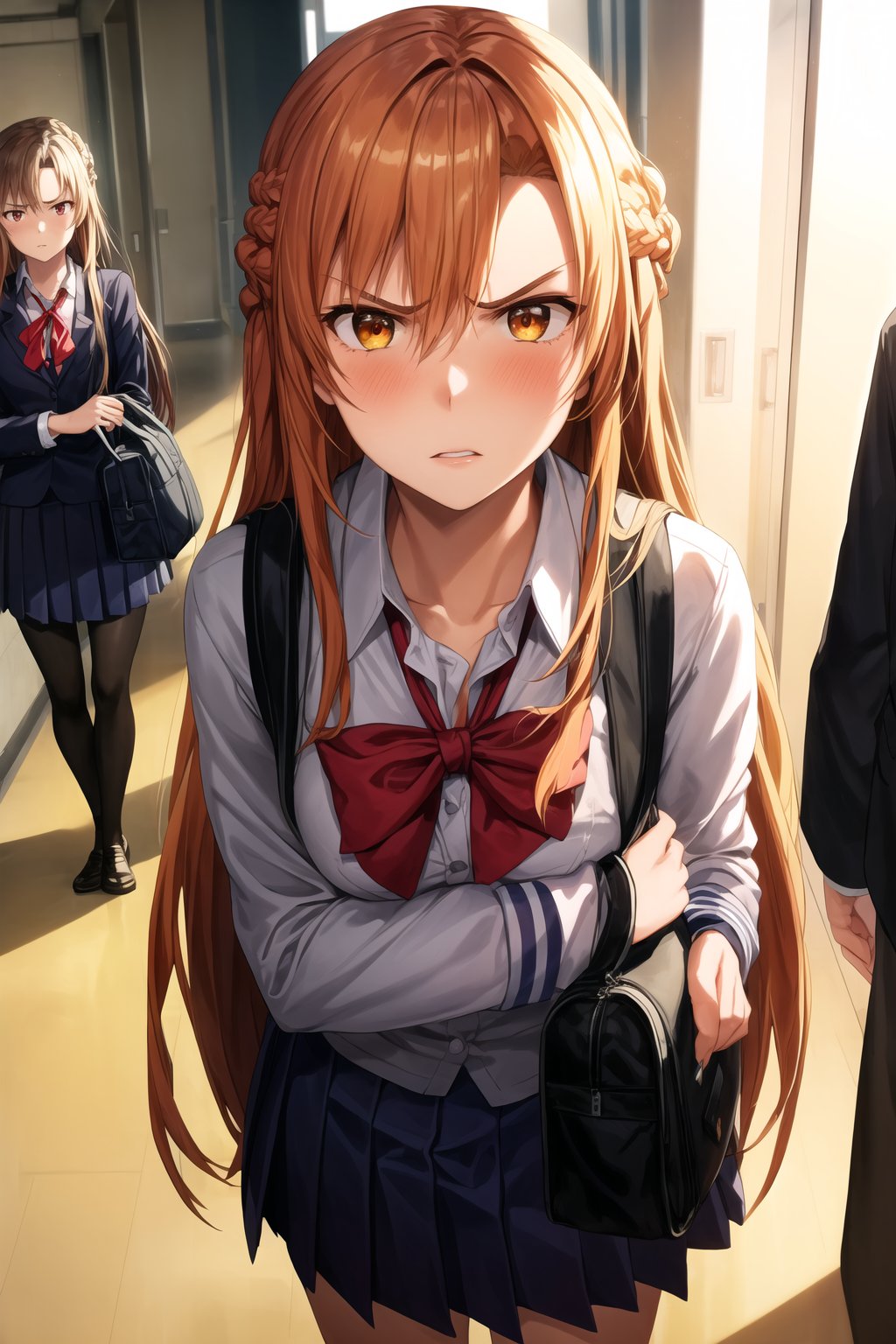 1girl, solo, asuna yuuki,  long hair, french braid, orange hair, angry expression, furrowed brows, lips pressed together, school uniform, standing in hallway, gripping school bag tightly, tense posture, slight blush of frustration, hallway with background students looking over, bright afternoon sunlight, dramatic shadows on floor