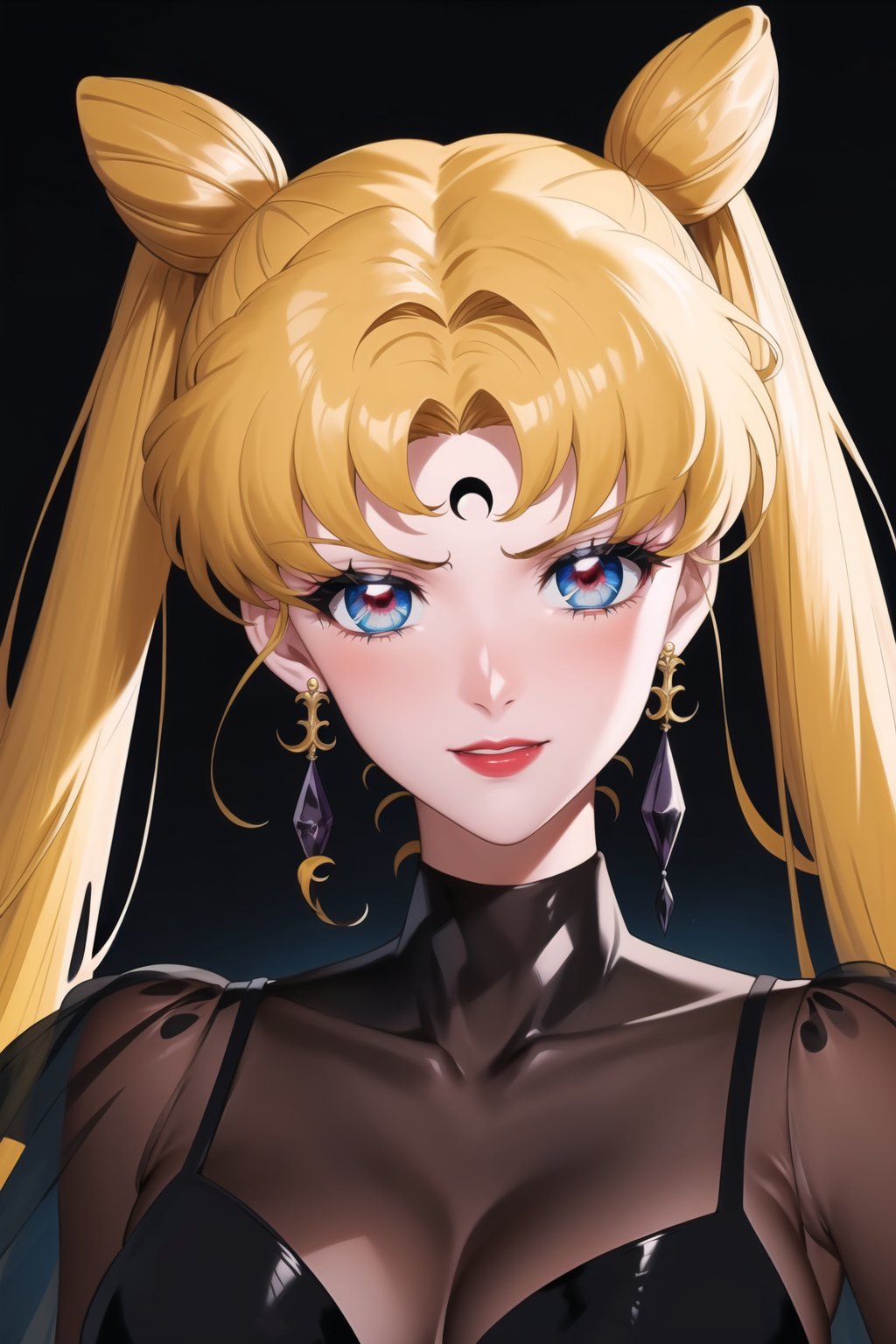 evil smile, red eyes, jewelry,  earrings, makeup, facial mark, lipstick,  forehead mark, crescent facial mark, black crystal earrings,crescent, , dress,black dress, see-through,,side slit, .,aausagi, double bun, twintails,parted bangs, blonde hair
(best quality), (highly detailed), masterpiece, (official art), A dark and mysterious female character inspired by classic anime style,  She has a cold, expressionless face with pale skin and dark, bold lips, giving her a commanding and intimidating presence.  The overall atmosphere is dark and mysterious, with a sense of power and control emanating from her poised stance