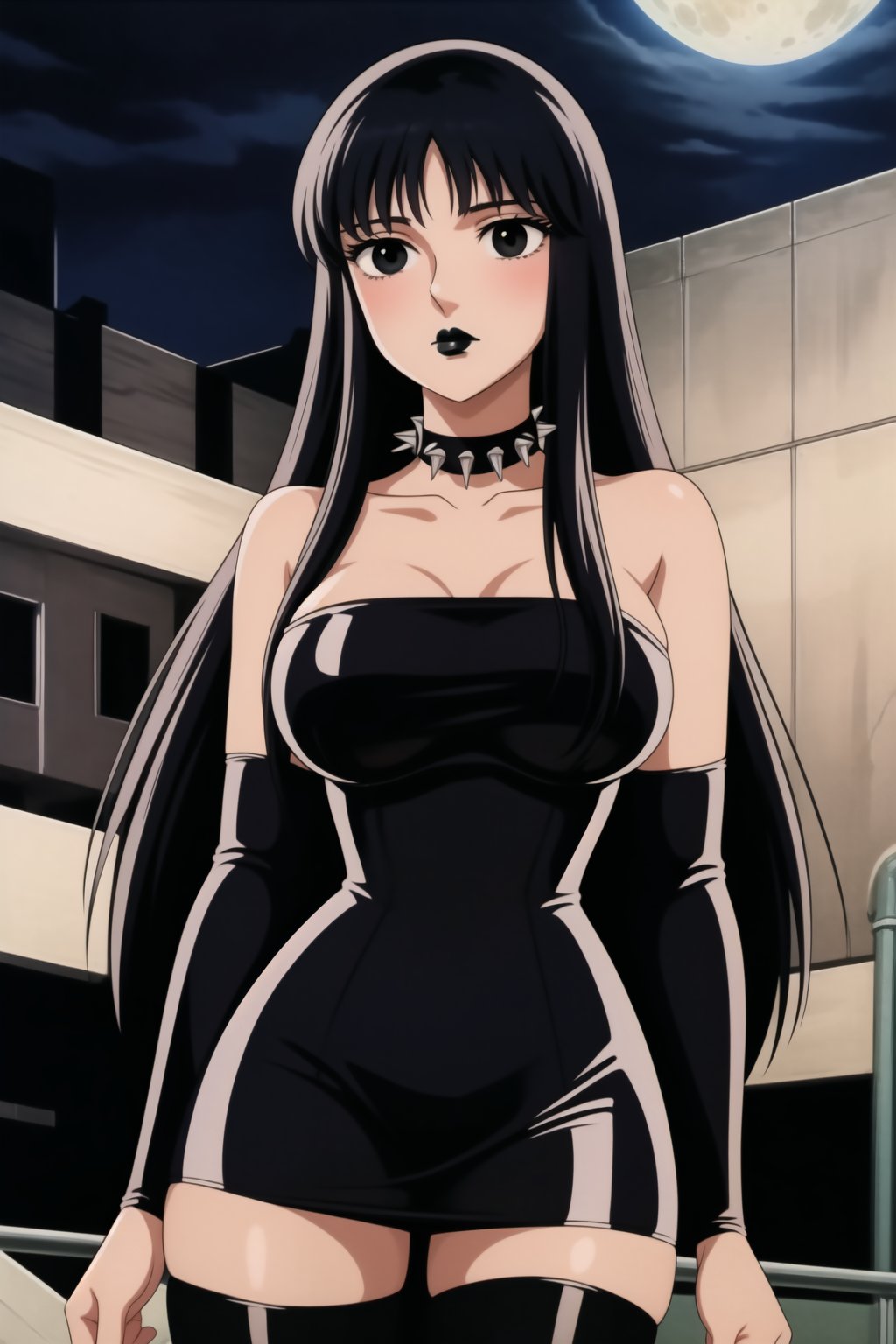 ((best quality)),  ((highly detailed)),  masterpiece,  ((official art)),(Saori Kido, Saori, long hair, black hair:1.3),((black eyes, empty eyes,expressionless,hypnosis)),(((white skin))) ,((makeup,lipstick, black lips:1.2)),absurdres, (spiked collar:1.2),  coyboy shot:1.3, thighhighs, lips,  blush,  (black latex:1.3),  black dress:1.2,  miniskirt  ((bodyconf)),  bare shoulders,  (( strapless)),  large breast,  looking at viewer,  street,  city,  nigth,  moon,  club,  (nigth club),  , hd quality,  perfect face , realistic,  realistic body,  perfect face sync,  , b1mb0,,,black lips