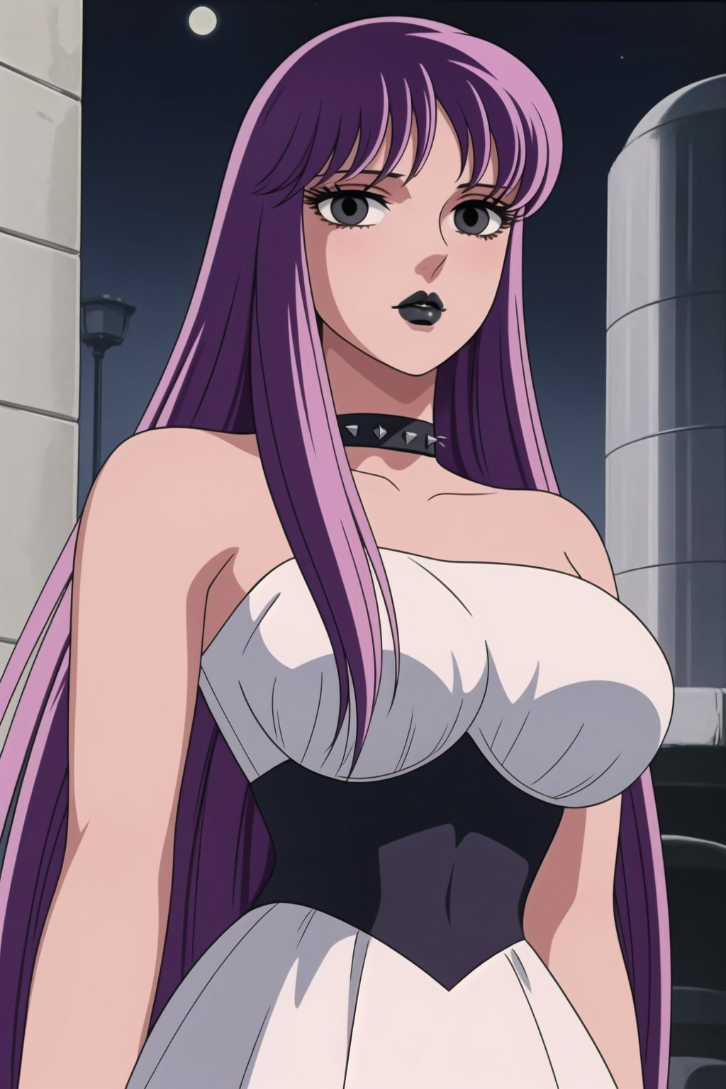 ((best quality)),  ((highly detailed)),  masterpiece,  ((official art)),(Saori Kido, Saori, long hair, purple hair),((black eyes, empty eyes,expressionless,hypnosis)),(((white skin))) ,((makeup,lipstick, black lips:1.2)),absurdres, (spiked collar:1.2), coyboy shot, lips,  blush,  (black latex:1.3),  black dress:1.2,  miniskirt  ((bodyconf)),  bare shoulders,  (( strapless)),  large breast,  looking at viewer,  street,  city,  nigth,  moon,  club,  (nigth club),  , hd quality,  perfect face , realistic,  realistic body,  perfect face sync,  , b1mb0,,,black lips,Saori Kido