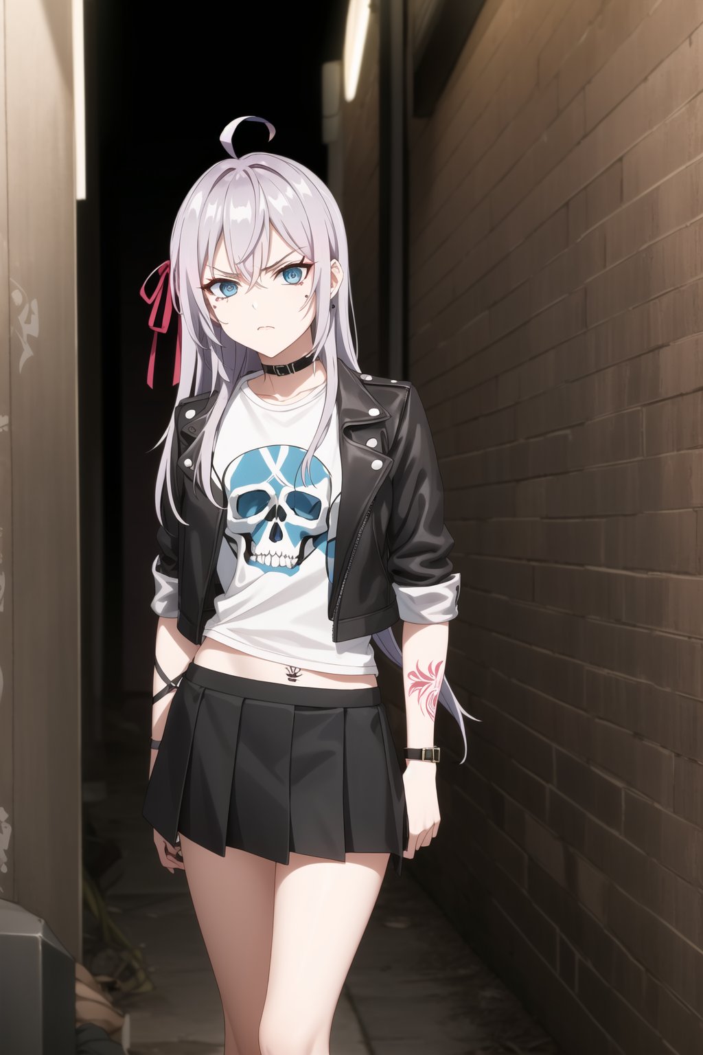 Rebellious Juvenile Delinquent "Alya, long hair, grey hair, blue eyes, hair between eyes, hair ribbon, ahoge. She wears a black leather jacket with studs, a worn-out t-shirt with a skull graphic, a ripped tartan skirt, and combat boots. Dark makeup, with a visible tattoo on her arm. Her arms are crossed, and she glares at you with a look of disgust while standing in a dark alley filled with graffiti. Dim lighting and urban atmosphere."