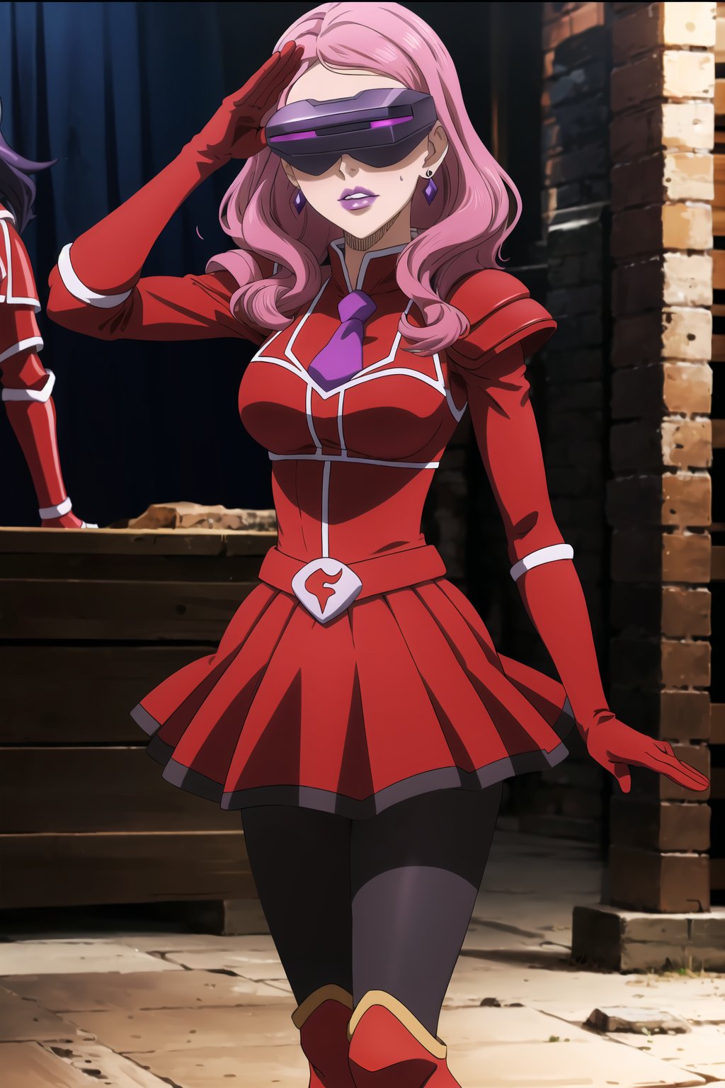 (best quality), (highly detailed), masterpiece, (official art),Vanessa, jewelry, earrings, long hair, pink hair,, mature_female, 1girl, solo, ((head-mounted display)), ((purple lips:1.2)), (team flare:1.2),  gloves,((armor, juliet_sleeves:1.2)), long_sleeves , pleated skirt,  necktie, red dress, belt, red dress, (pantyhose, red footwear1.2), (lips:1.2), ((arms at sides)),, cowboy shot, looking at viewer, indoors, blurry background,depth of field, best quality, masterpiece, intricate details, tonemapping, sharp focus, hyper detailed, trending on Artstation, salute,nozomi toujou